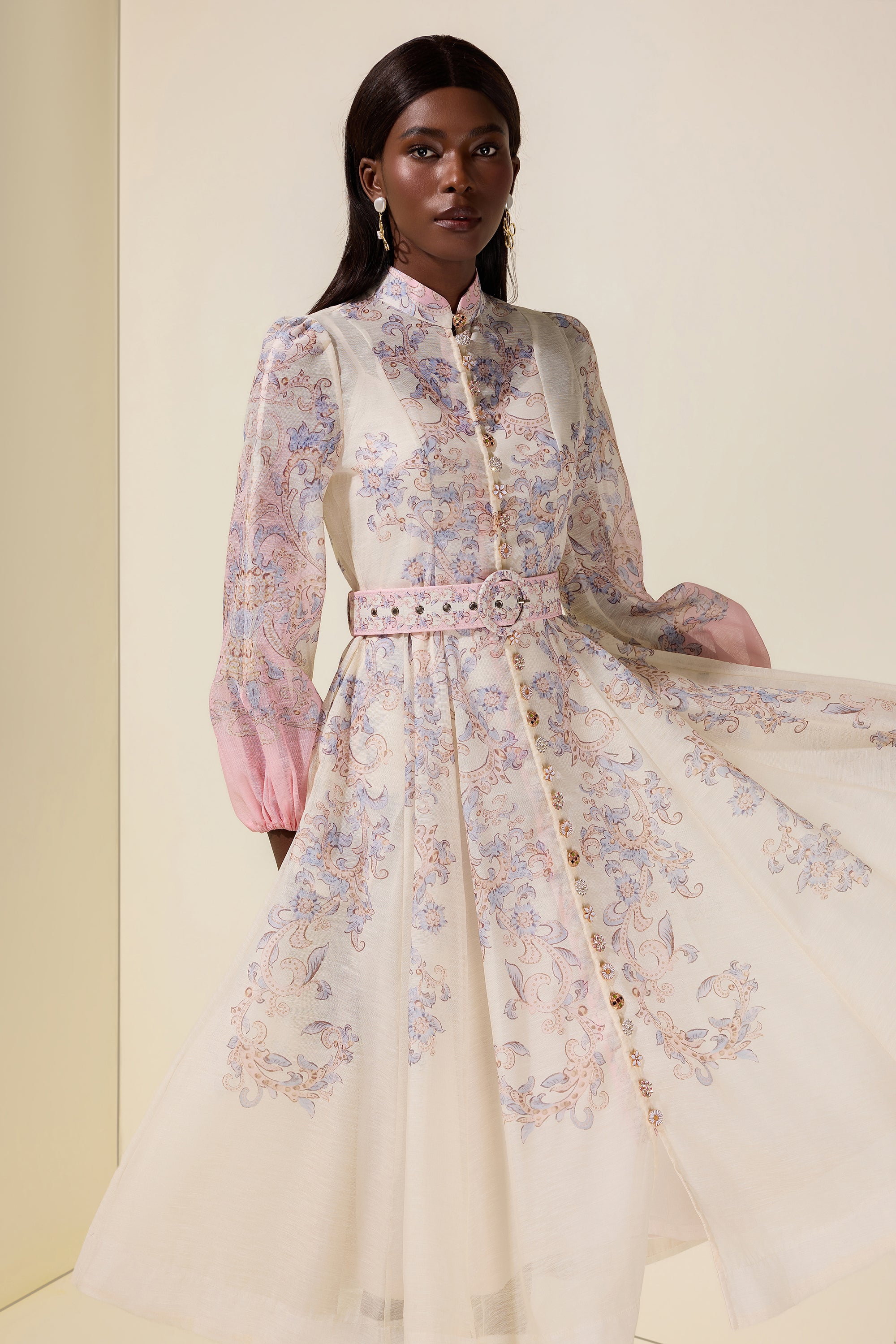 Paisley Print Button Midi Dress With Belt