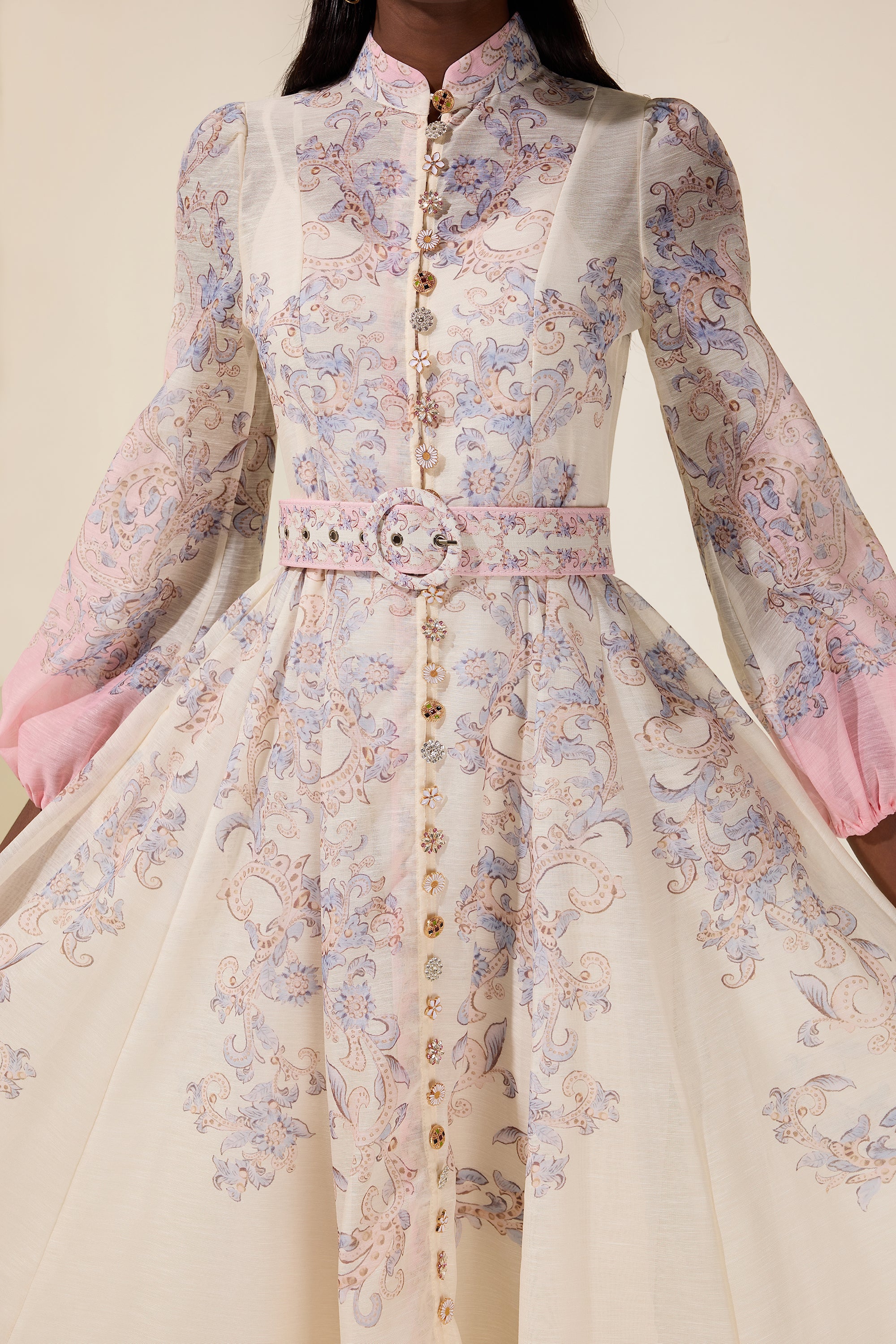 Paisley Print Button Midi Dress With Belt