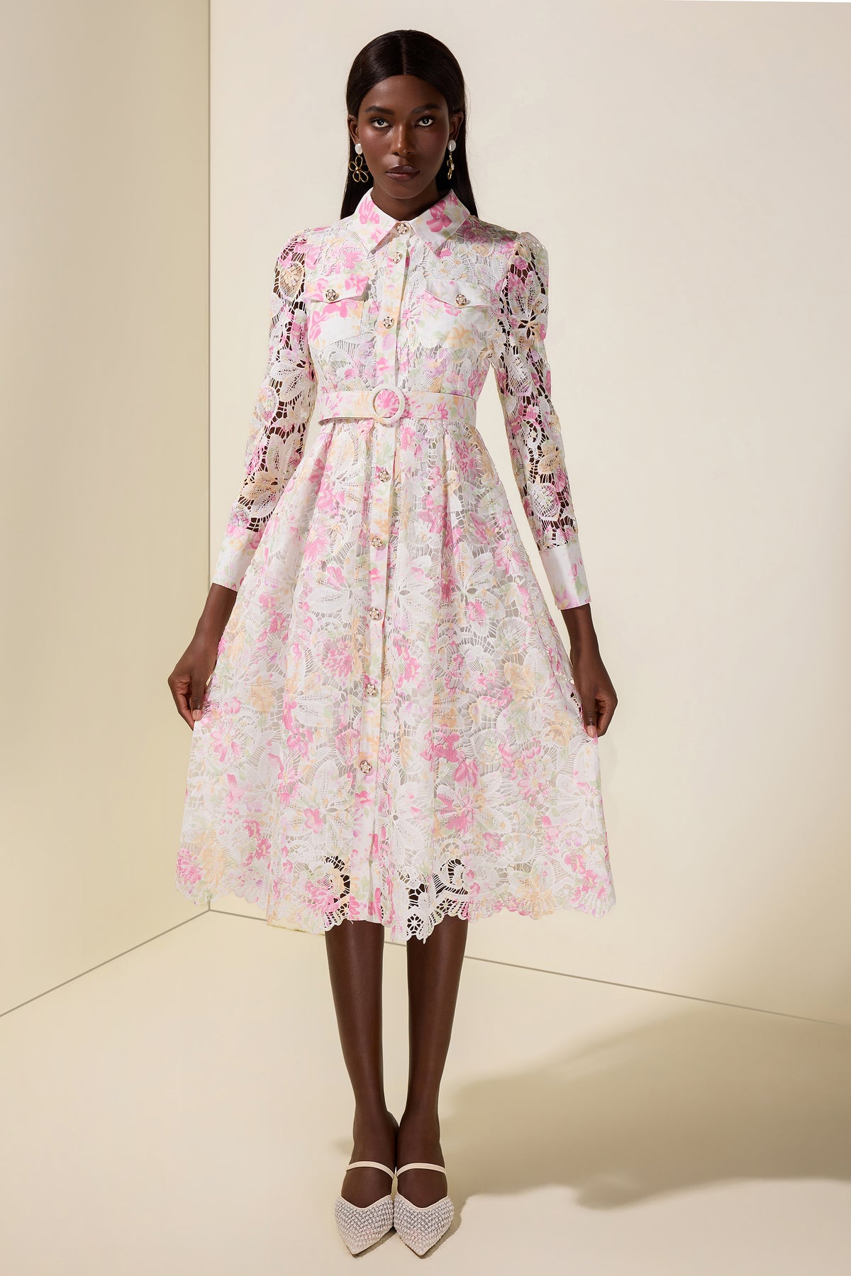 Lace Floral Single Breasted Midi Dress With Belt