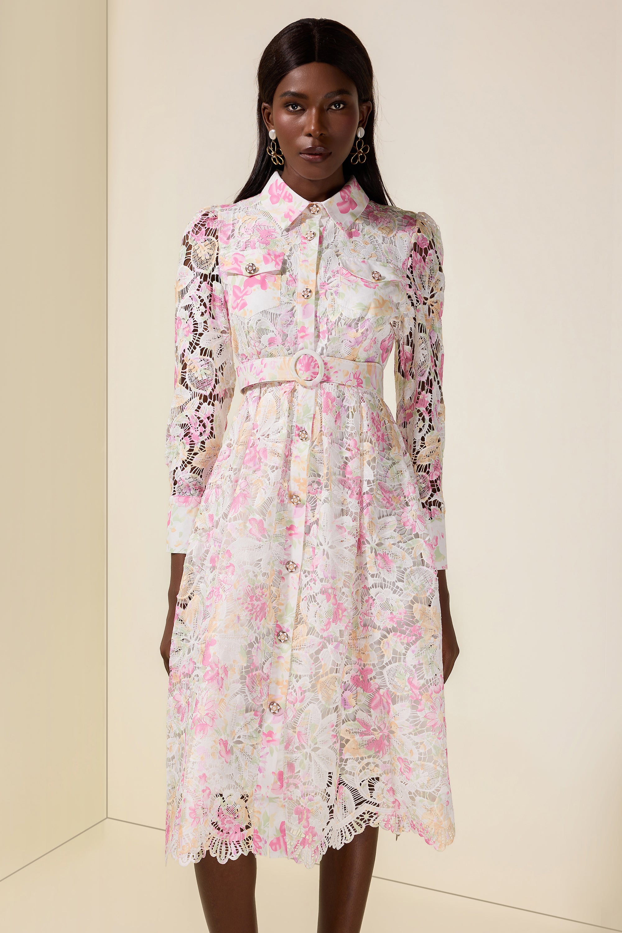 Lace Floral Single Breasted Midi Dress With Belt