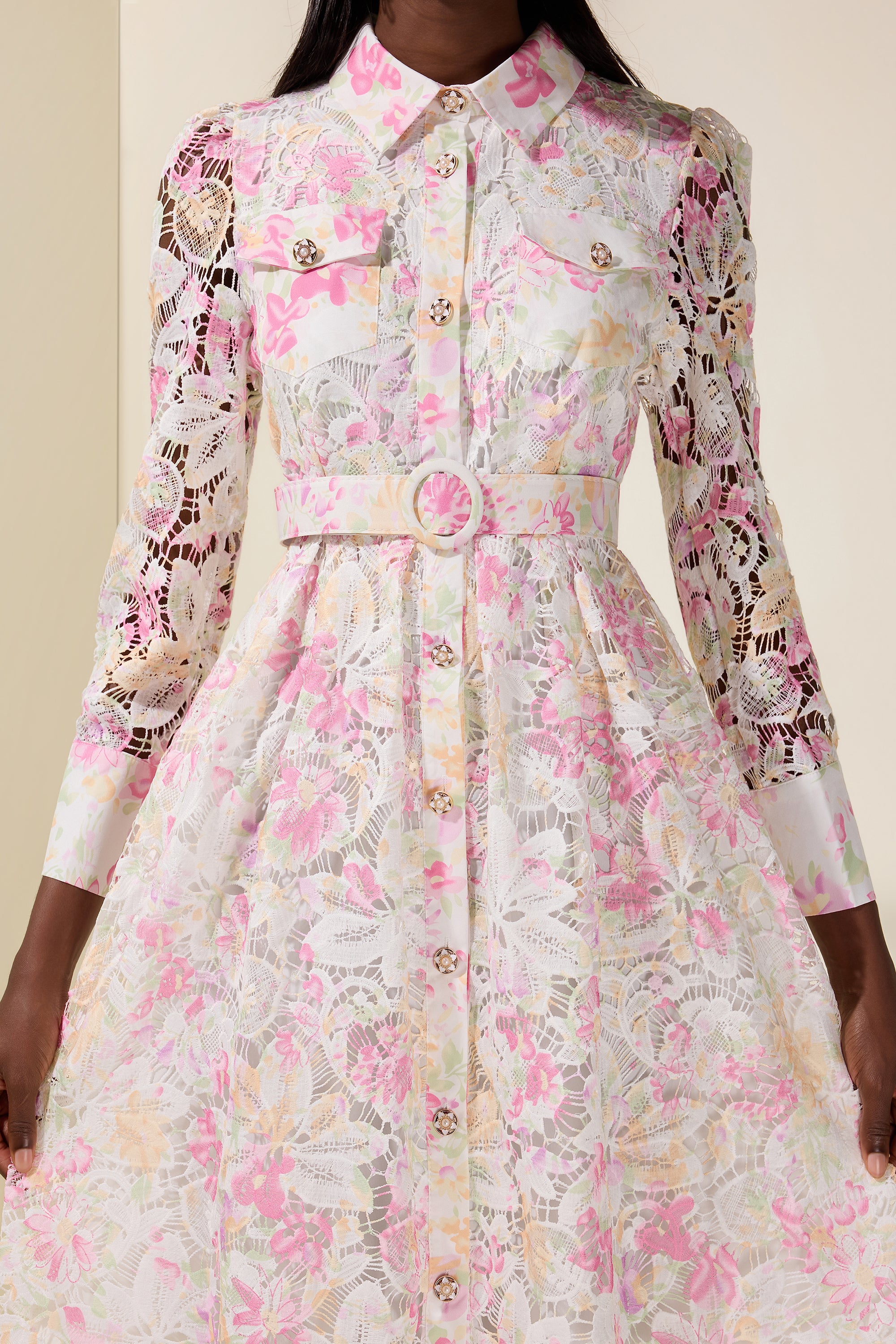 Lace Floral Single Breasted Midi Dress With Belt