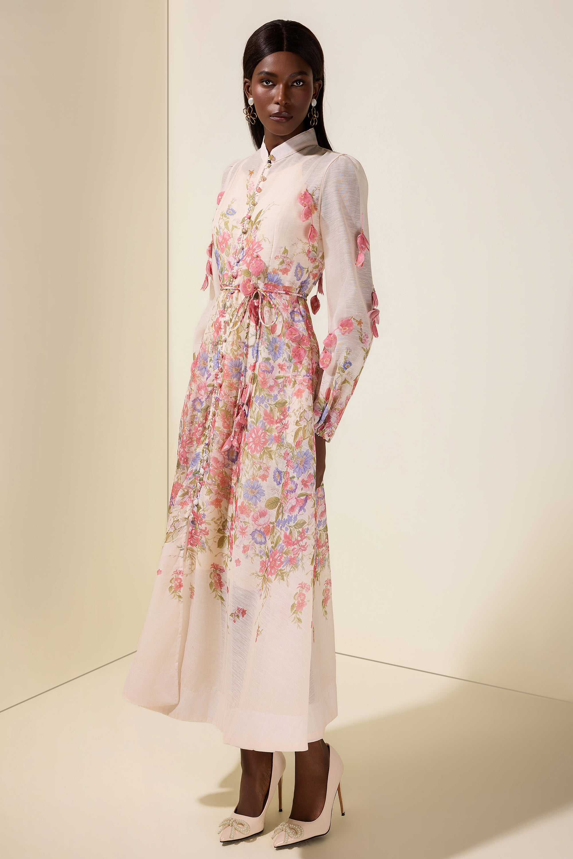 Floral Beaded Single Breasted Midi Dress