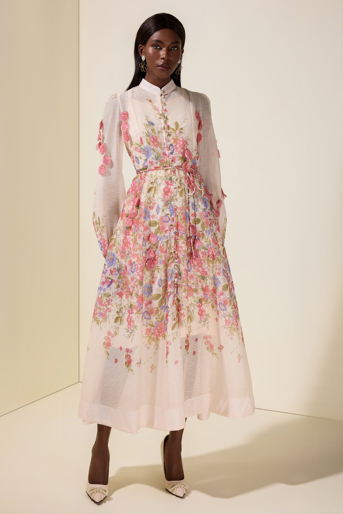 Floral Beaded Single Breasted Midi Dress