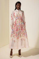 Floral Beaded Single Breasted Midi Dress
