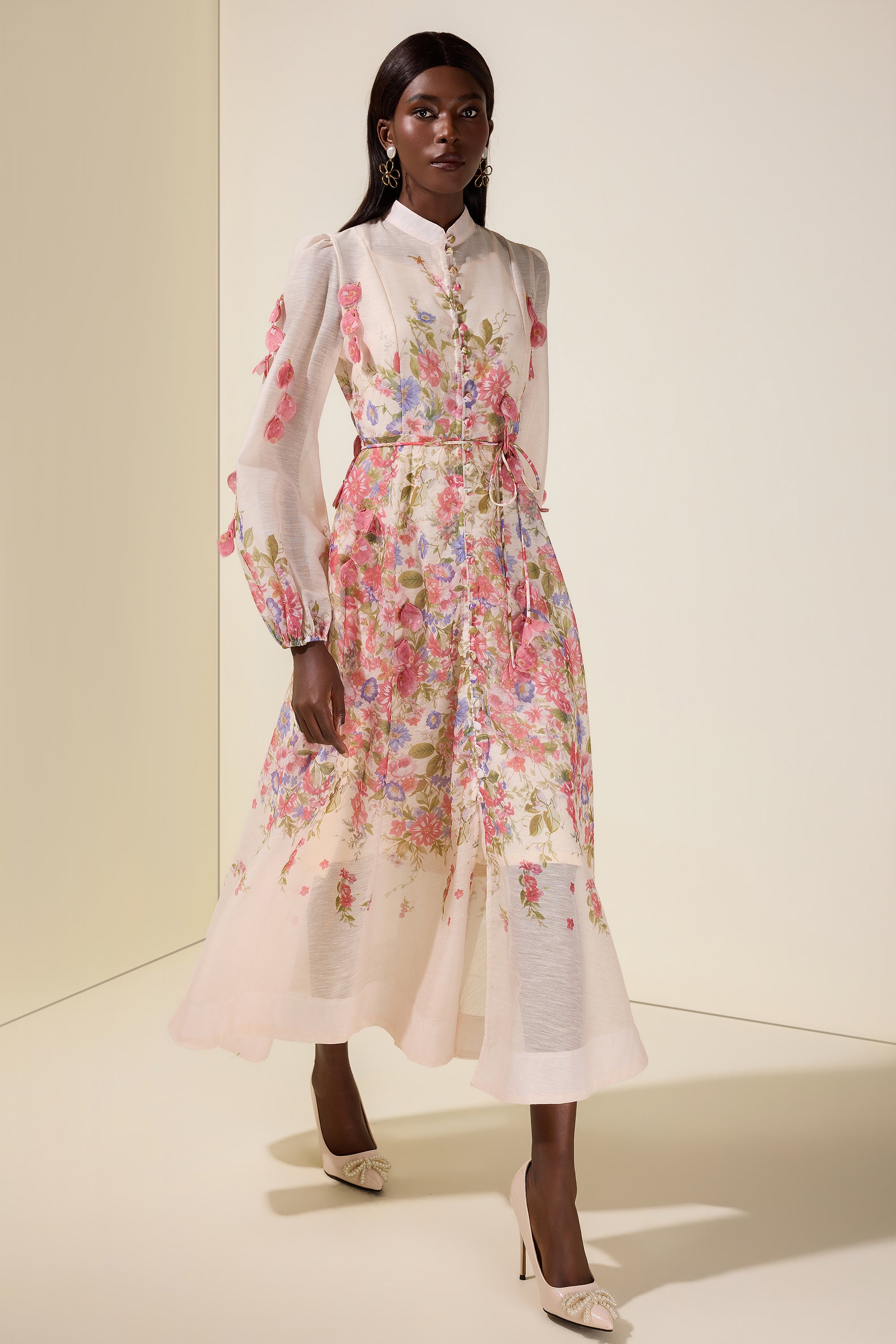 Floral Beaded Single Breasted Midi Dress