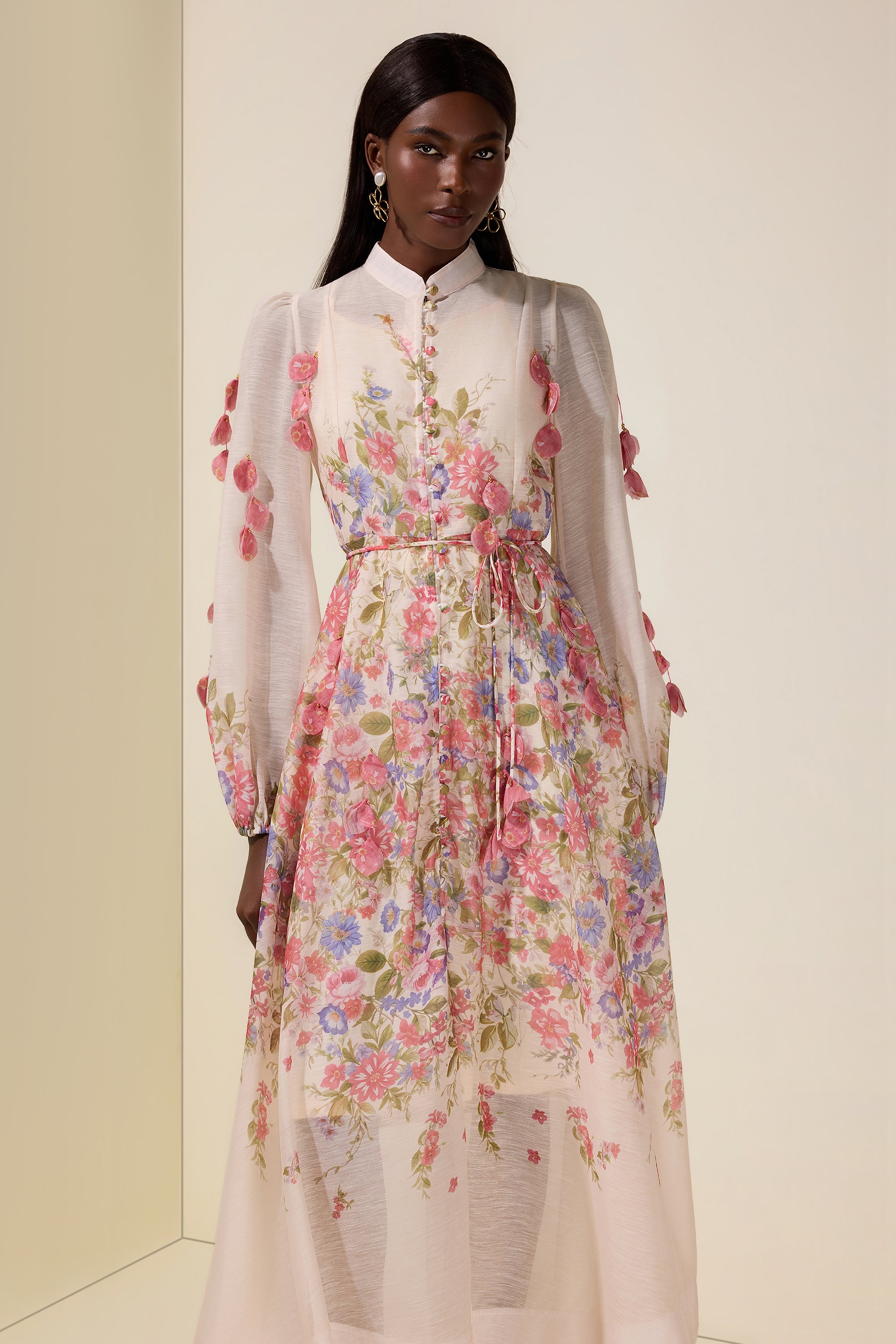 Floral Beaded Single Breasted Midi Dress