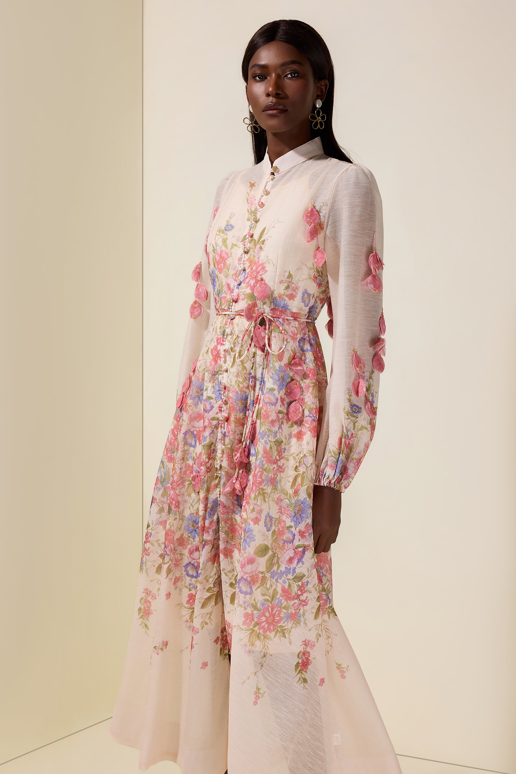Floral Beaded Single Breasted Midi Dress