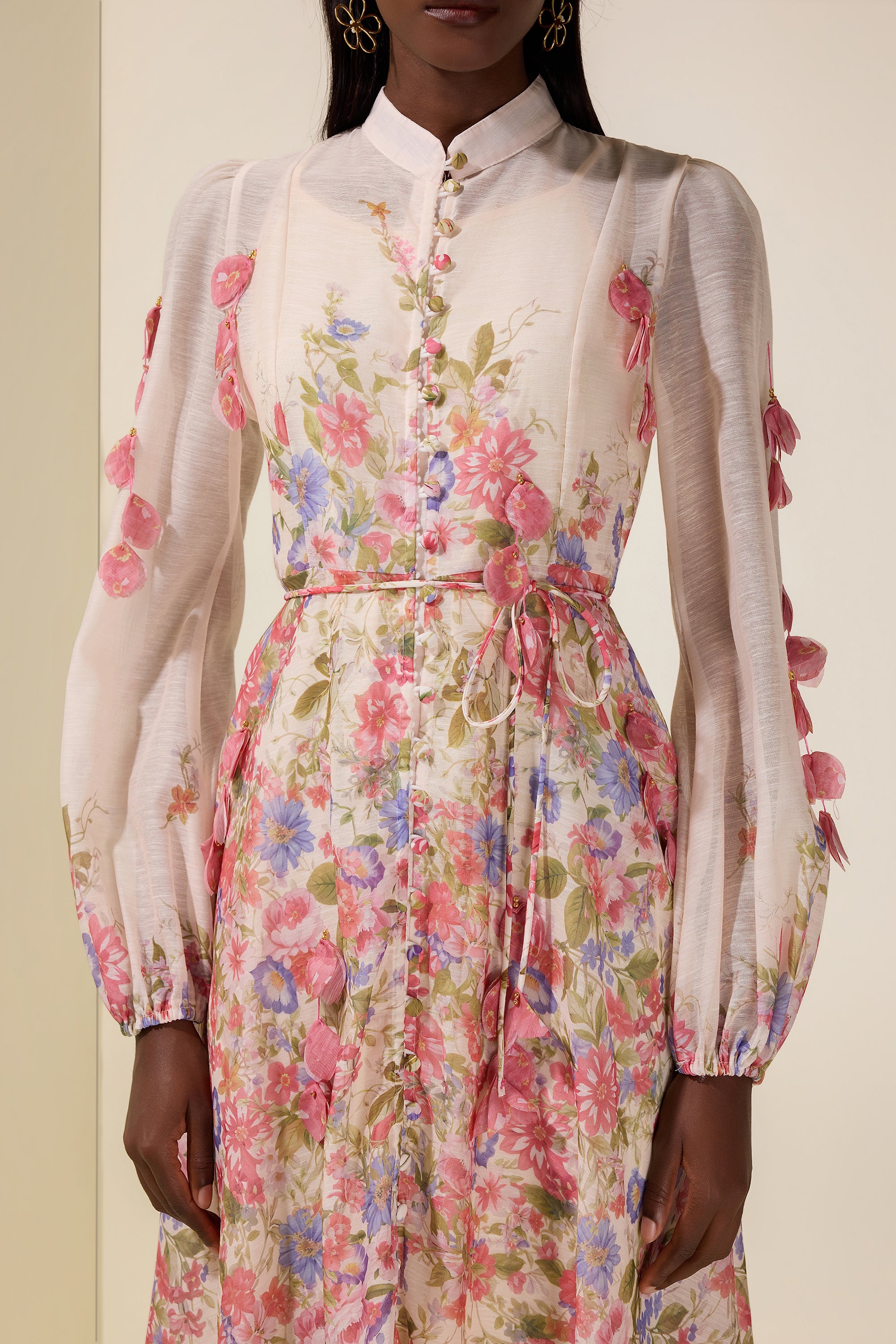 Floral Beaded Single Breasted Midi Dress
