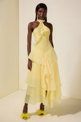 Solid Halter Neck Ruffle Midi Dress
