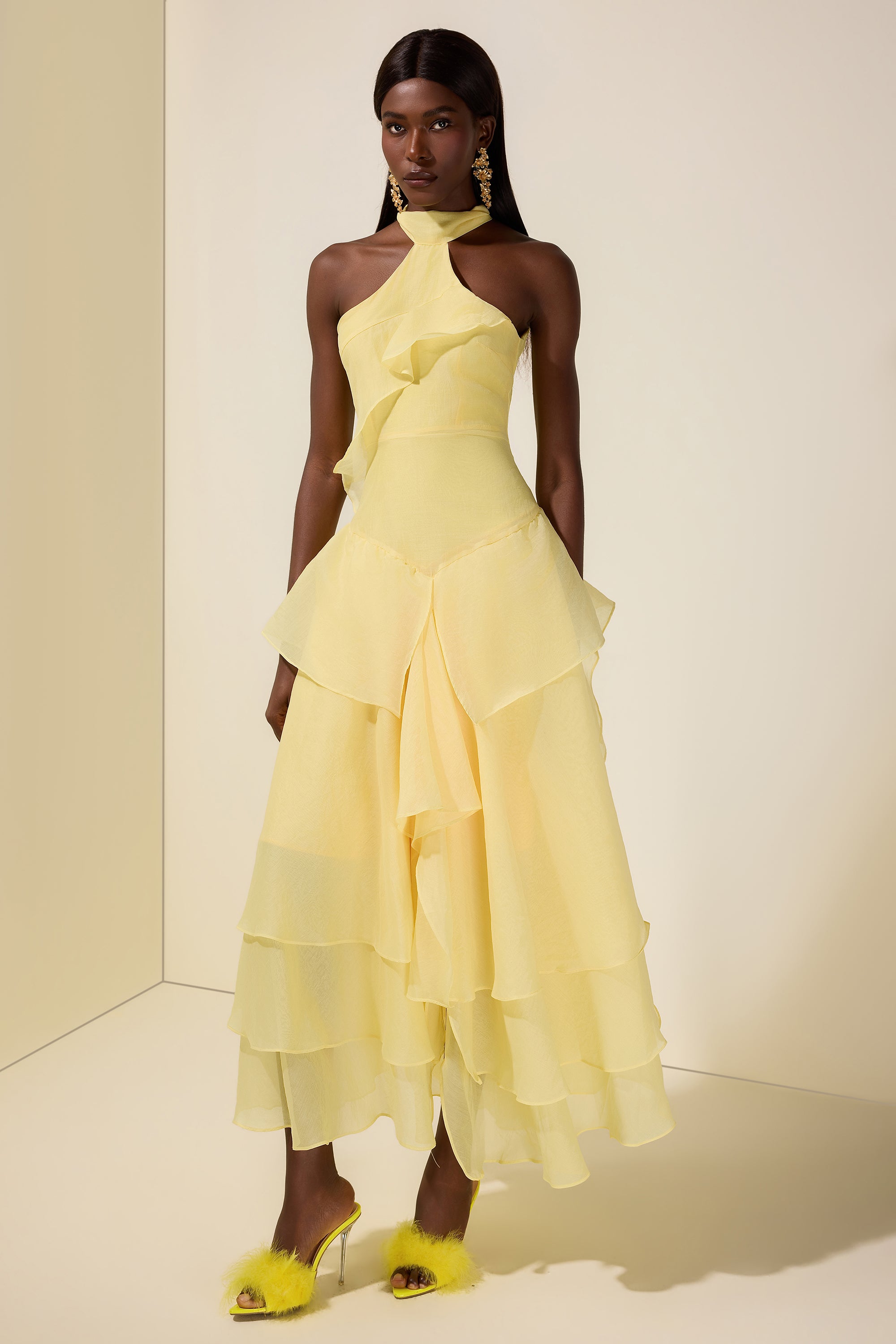 Solid Halter Neck Ruffle Midi Dress