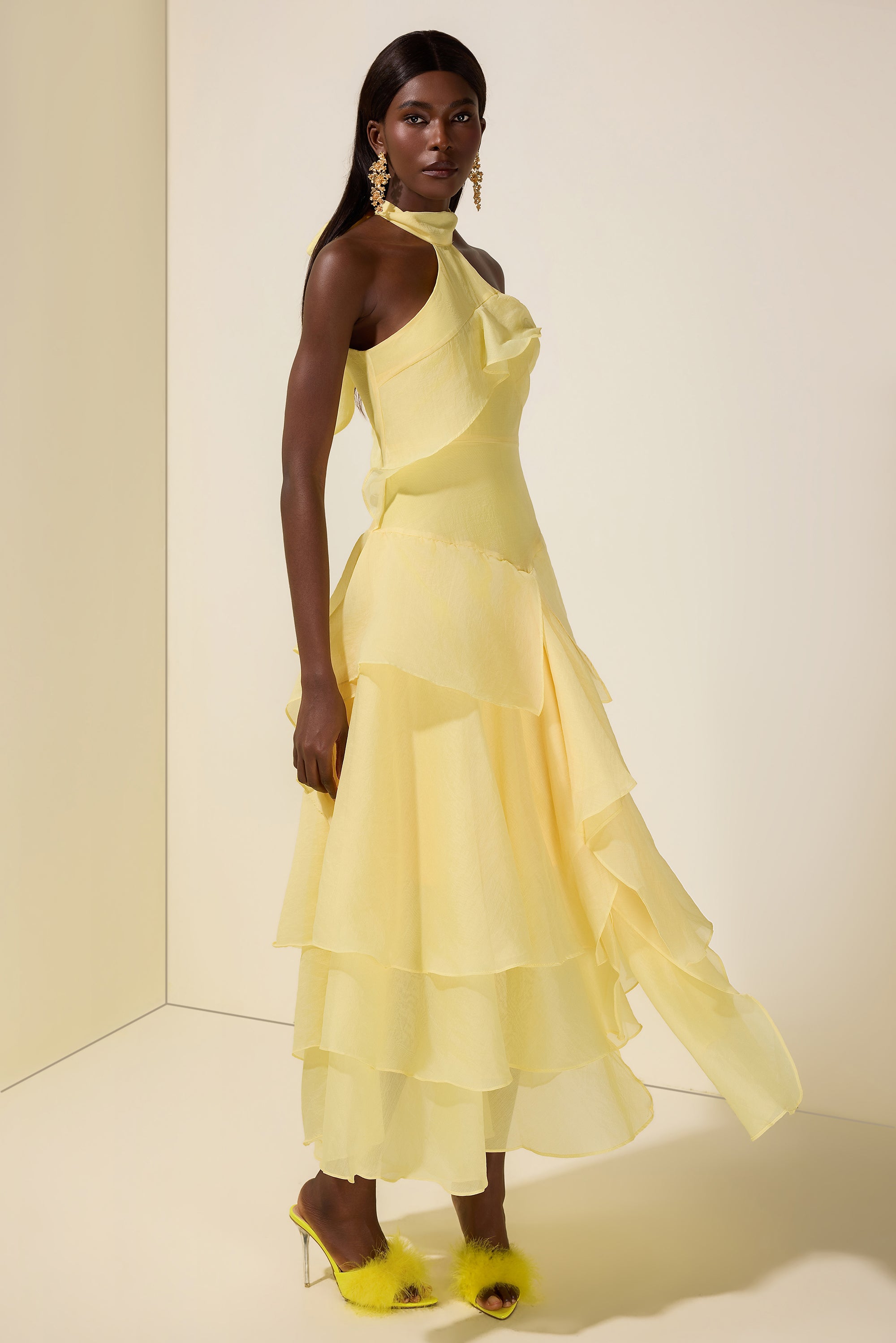 Solid Halter Neck Ruffle Midi Dress