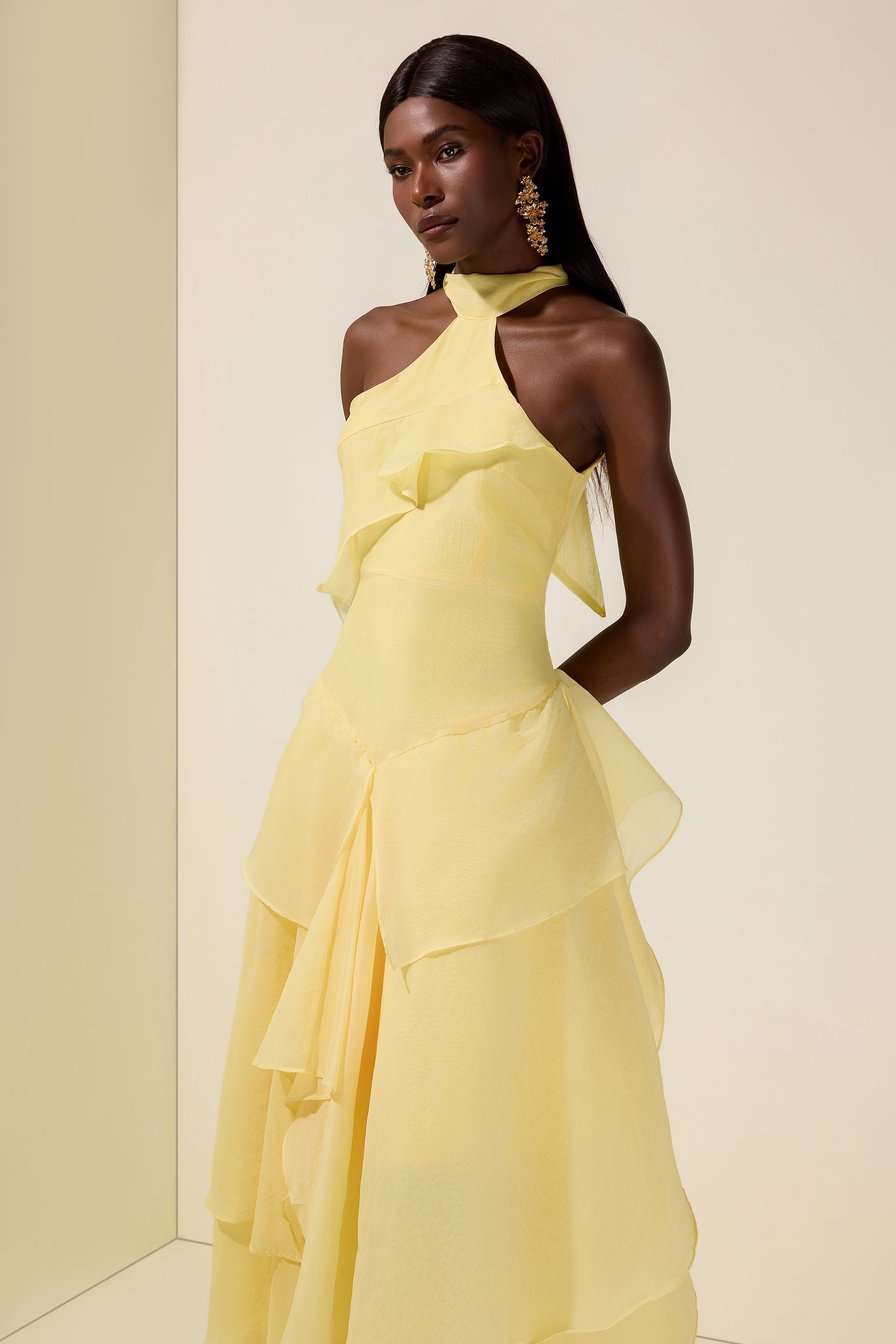 Solid Halter Neck Ruffle Midi Dress