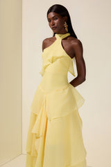 Solid Halter Neck Ruffle Midi Dress