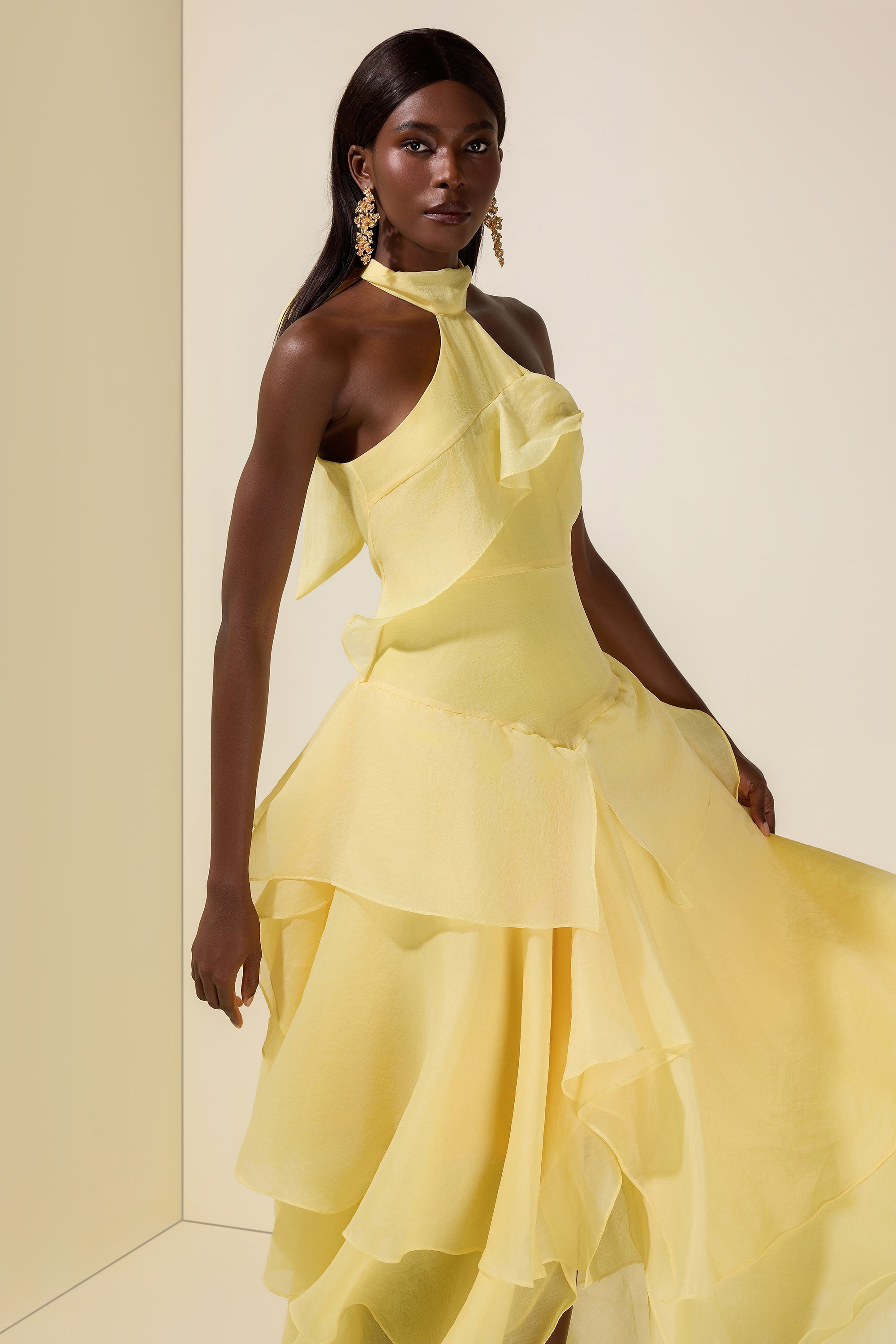 Solid Halter Neck Ruffle Midi Dress