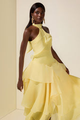 Solid Halter Neck Ruffle Midi Dress