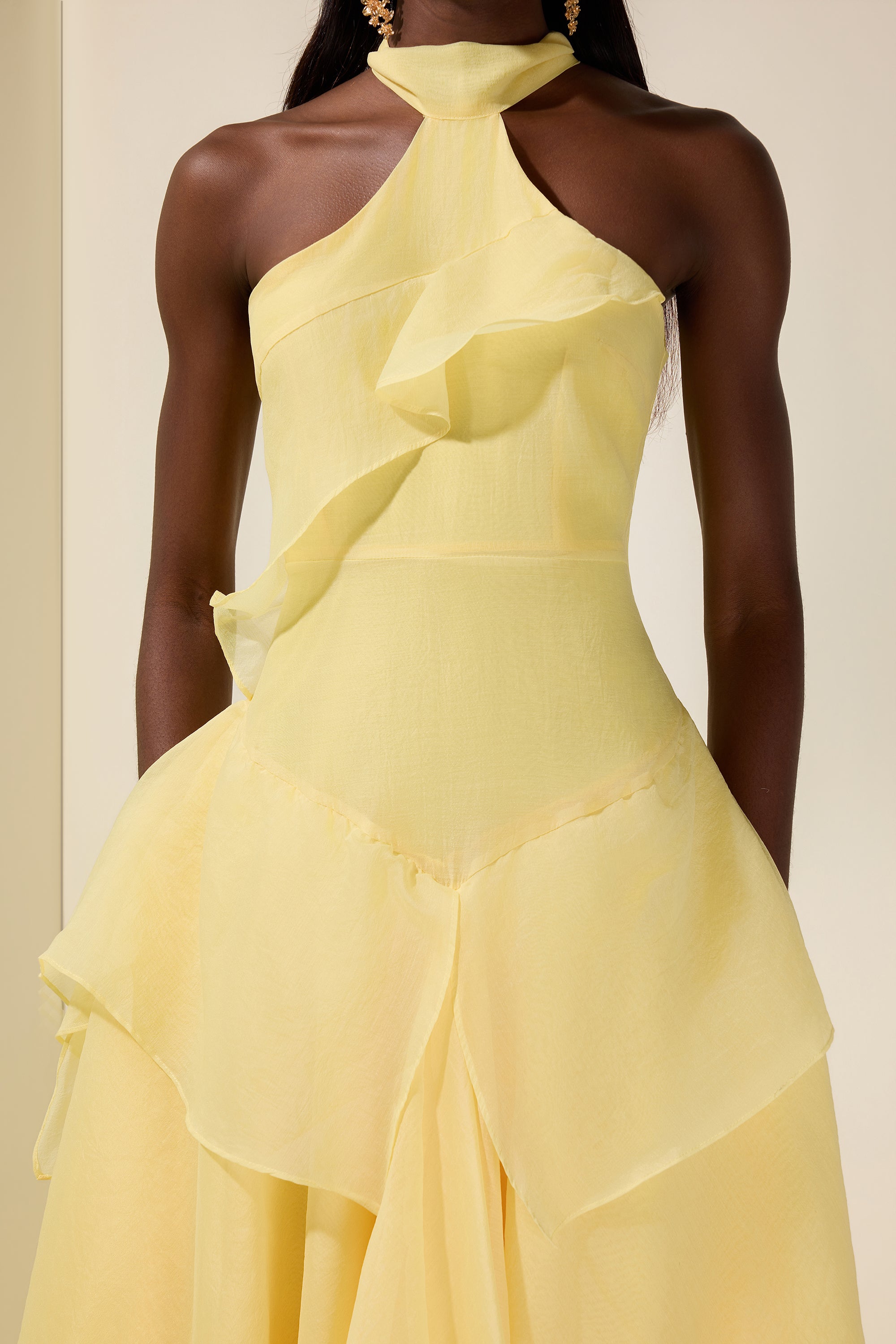 Solid Halter Neck Ruffle Midi Dress