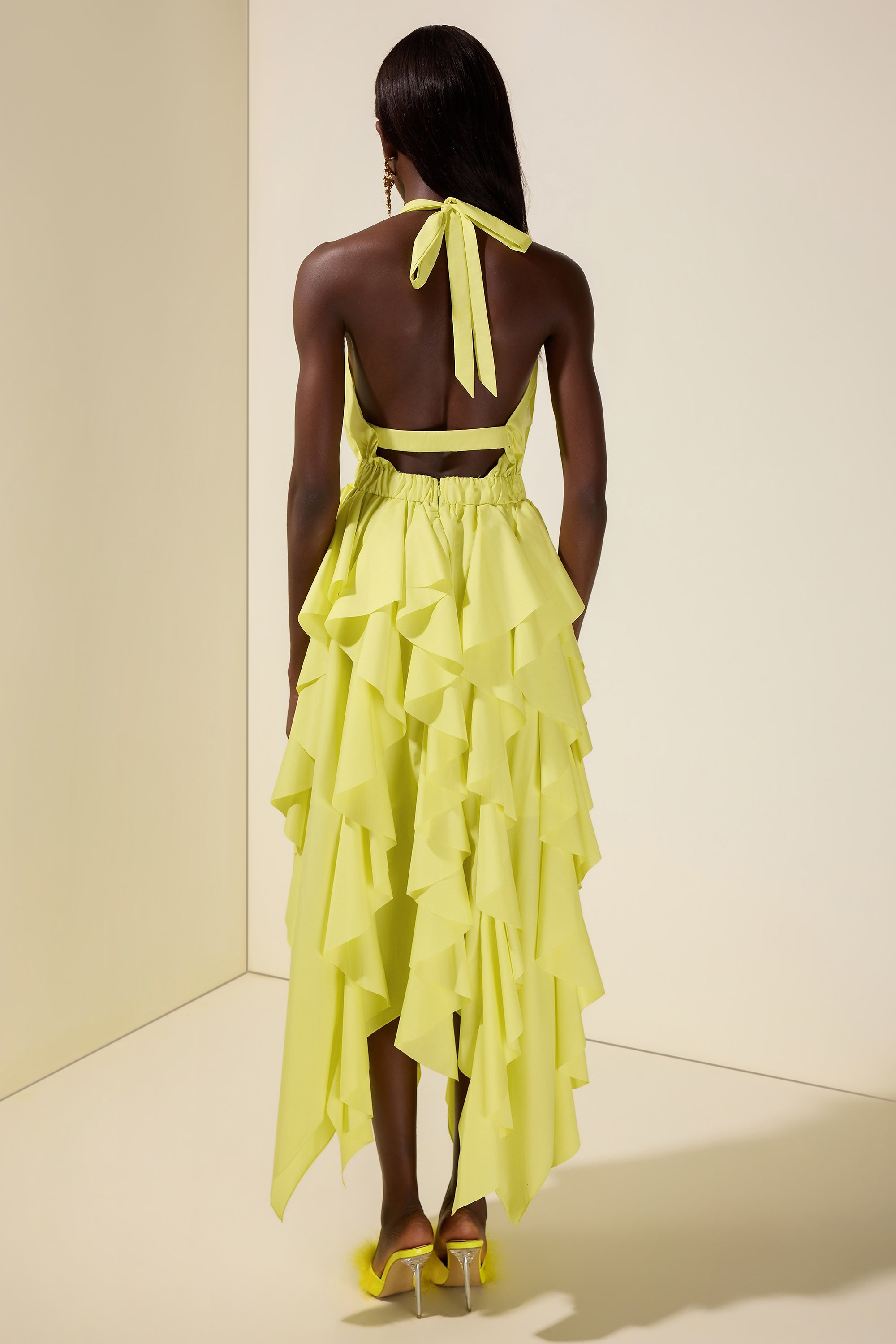 Solid Halter Neck Ruffle Midi Dress