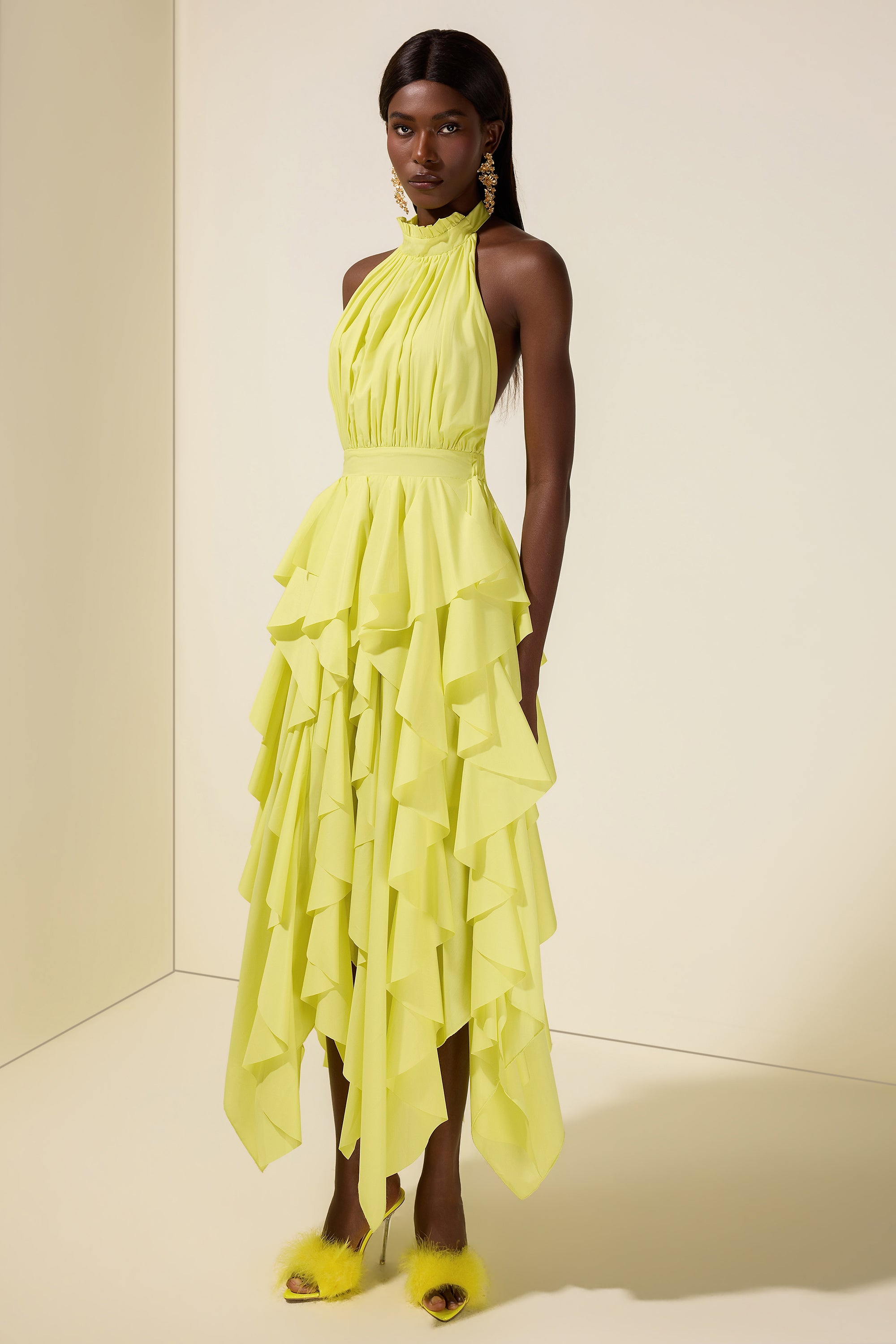 Solid Halter Neck Ruffle Midi Dress