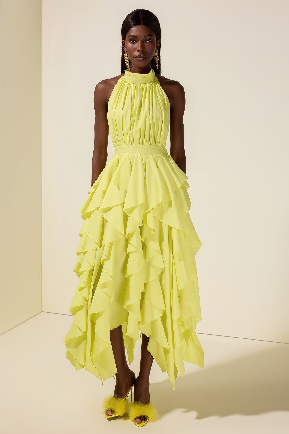 Solid Halter Neck Ruffle Midi Dress