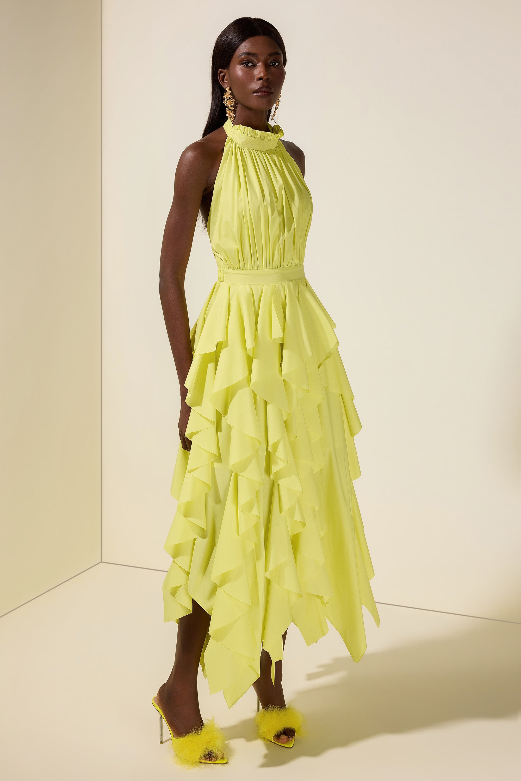 Solid Halter Neck Ruffle Midi Dress