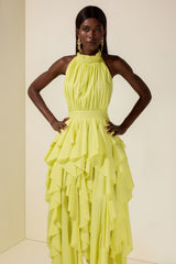 Solid Halter Neck Ruffle Midi Dress