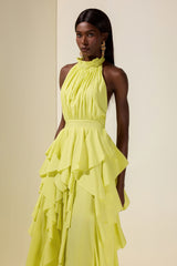Solid Halter Neck Ruffle Midi Dress