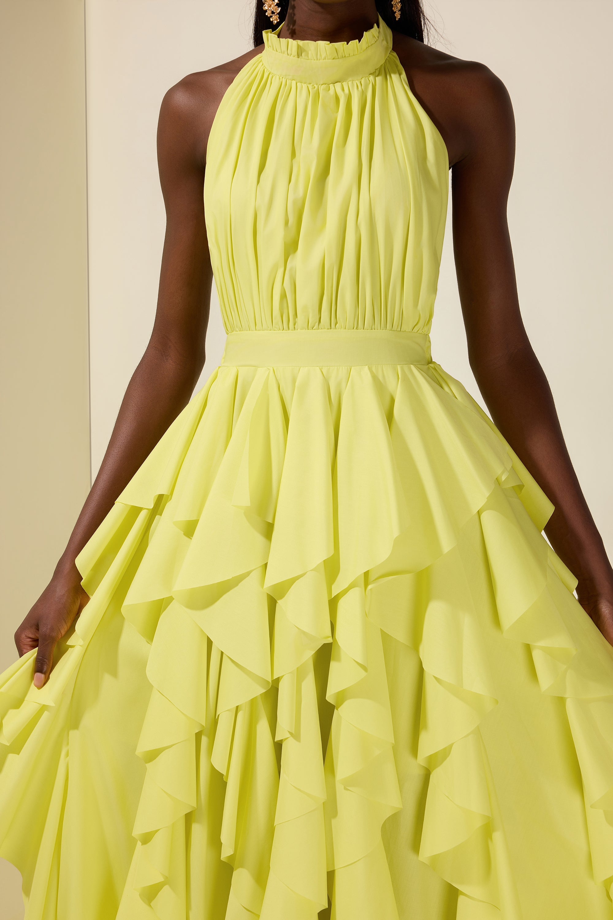 Solid Halter Neck Ruffle Midi Dress