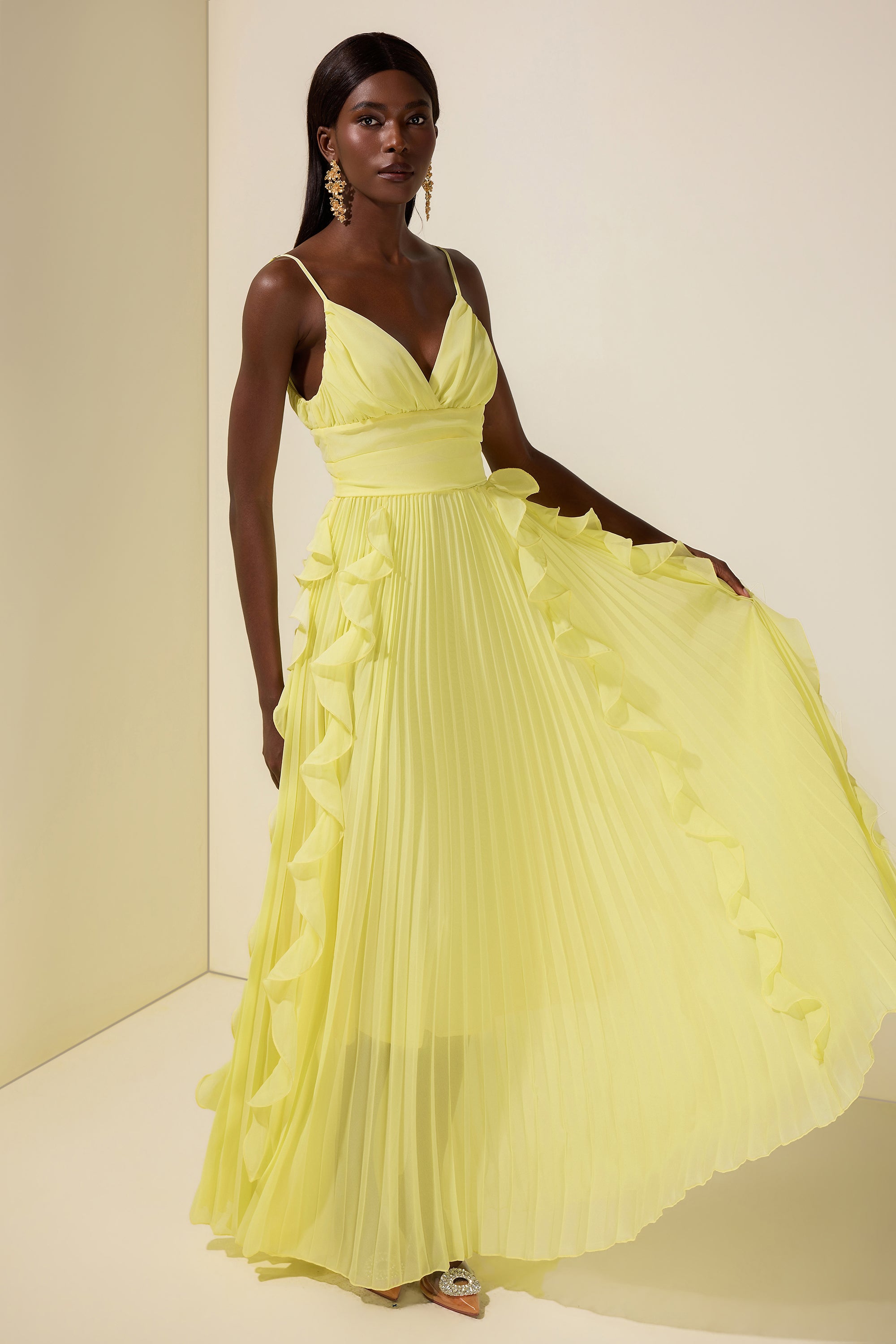 Chiffon Frill Pleated Maxi Dress