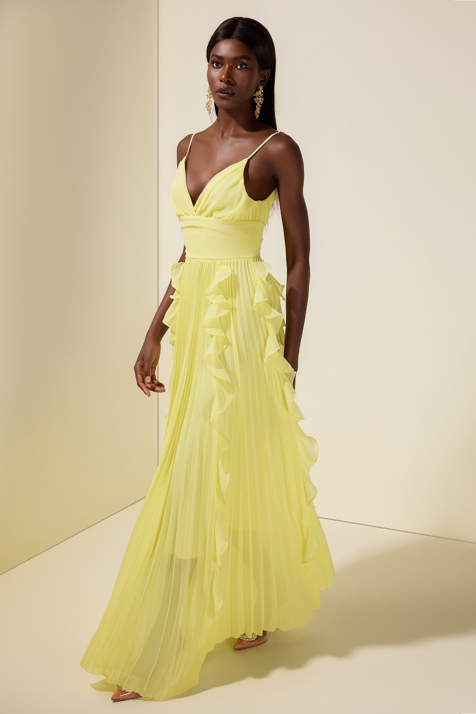Chiffon Frill Pleated Maxi Dress