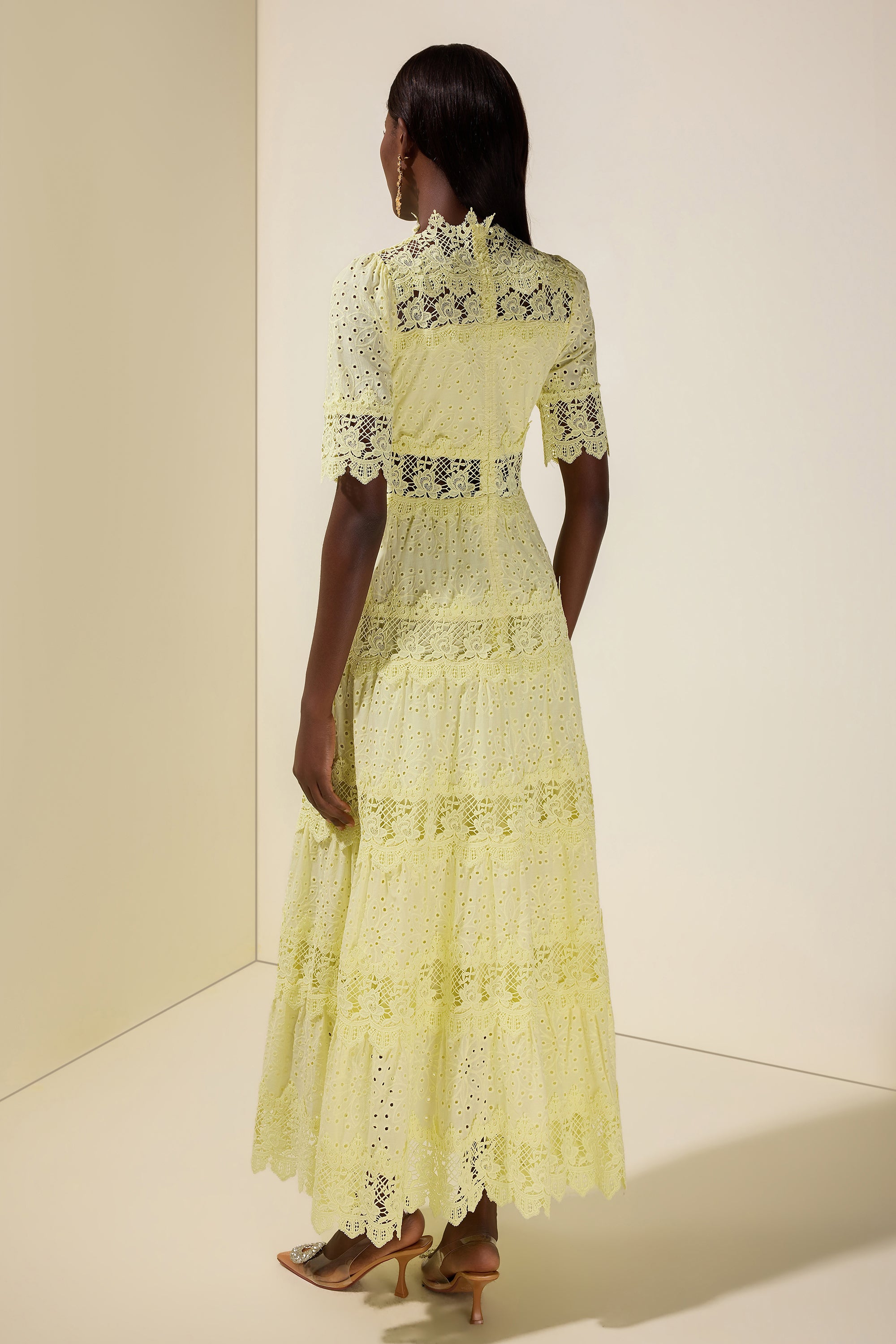 Lace Embroidered Stand Collar Midi Dress