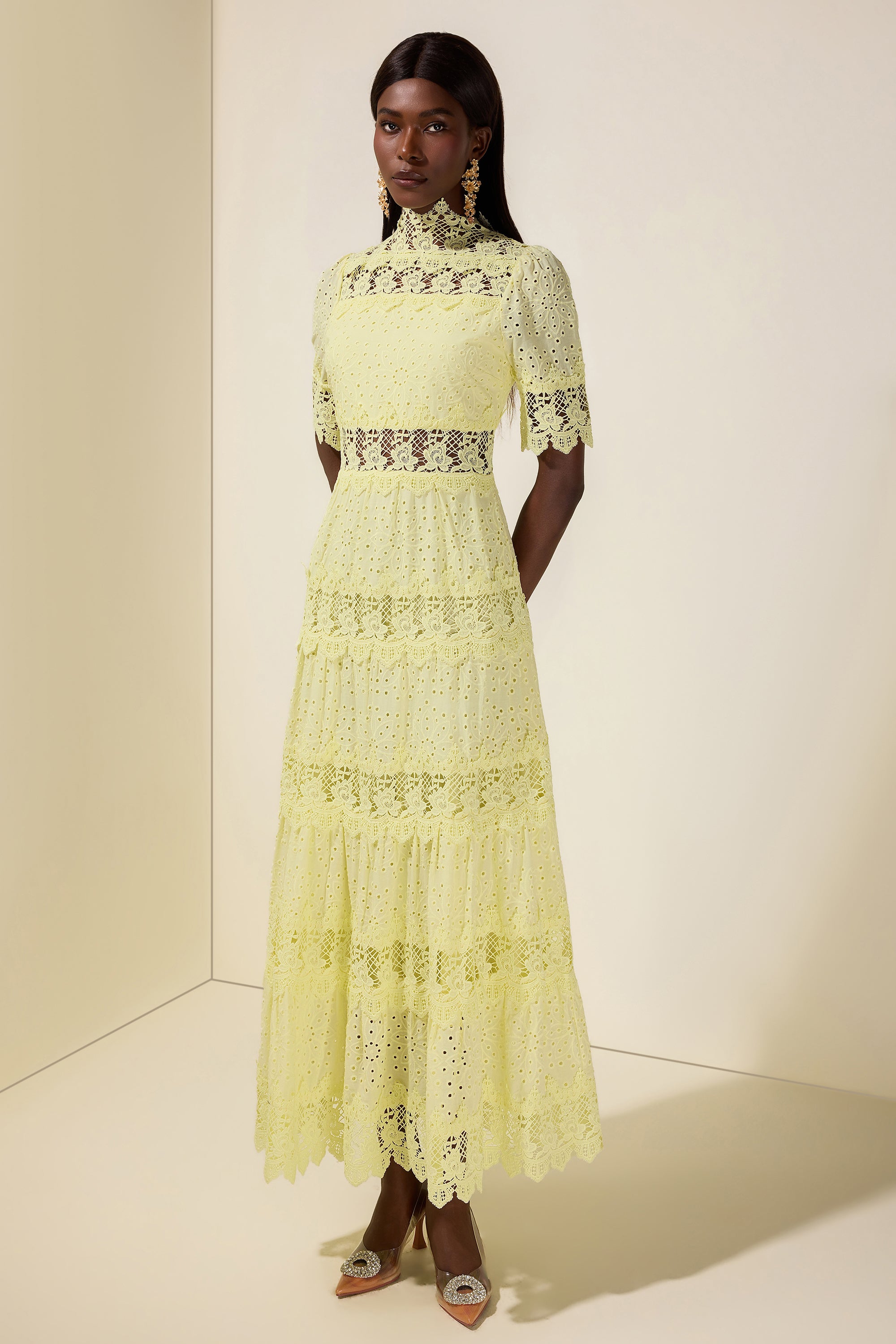 Lace Embroidered Stand Collar Midi Dress