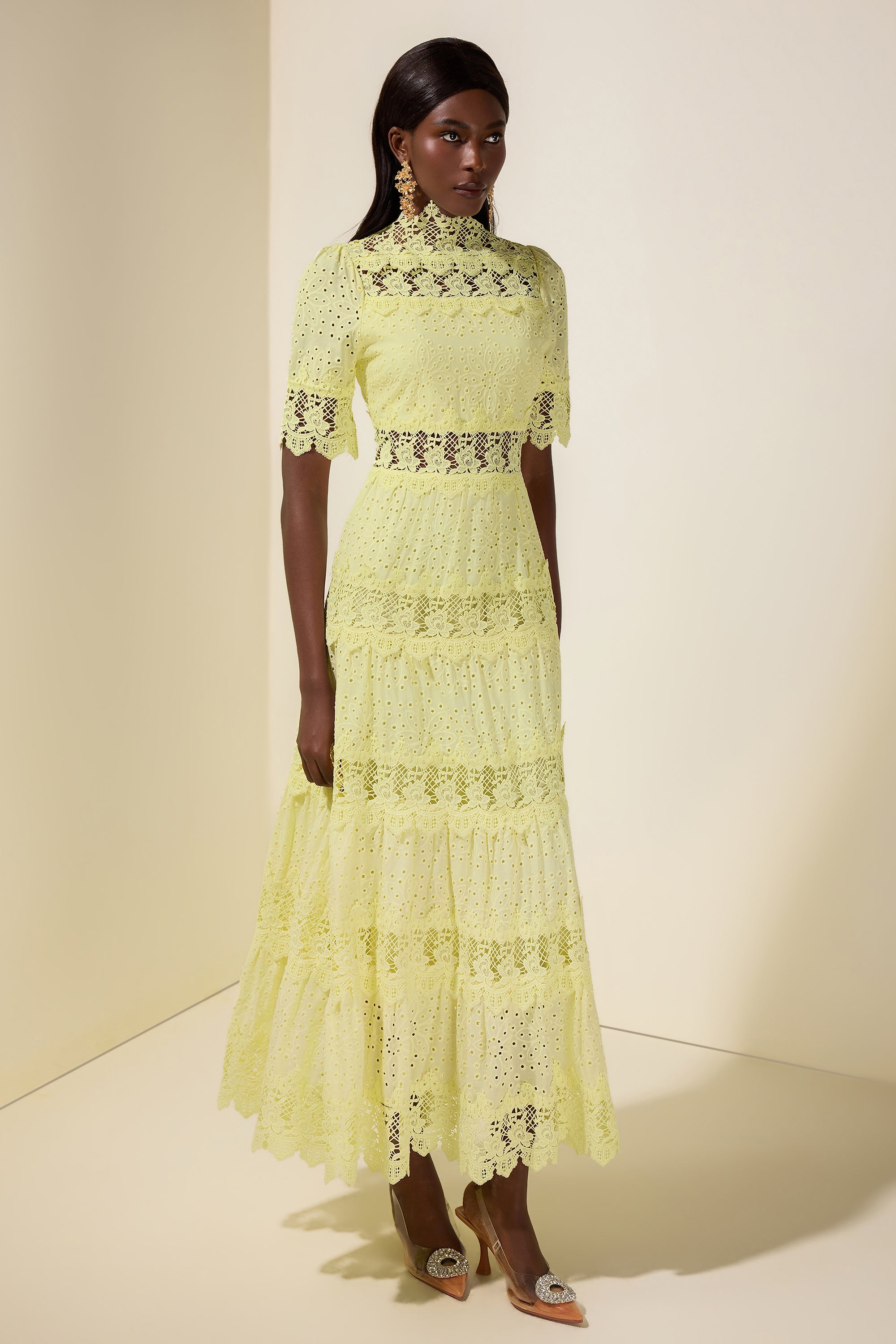 Lace Embroidered Stand Collar Midi Dress