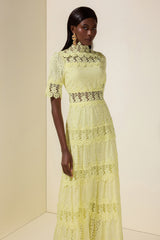 Lace Embroidered Stand Collar Midi Dress