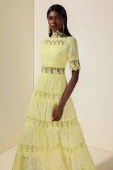 Lace Embroidered Stand Collar Midi Dress