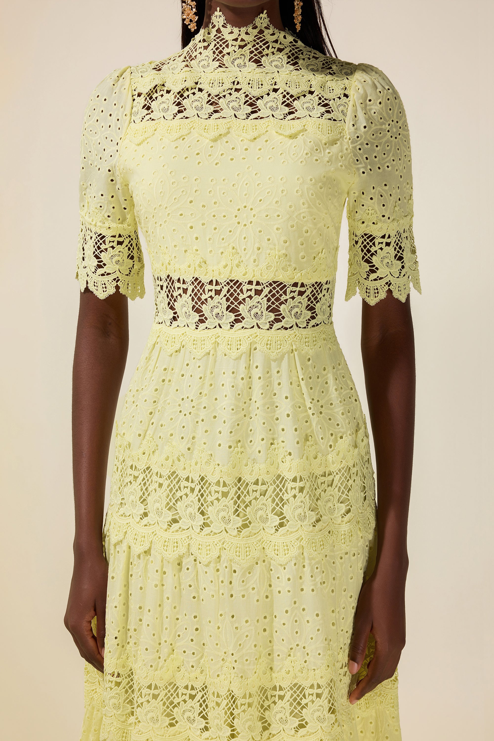 Lace Embroidered Stand Collar Midi Dress