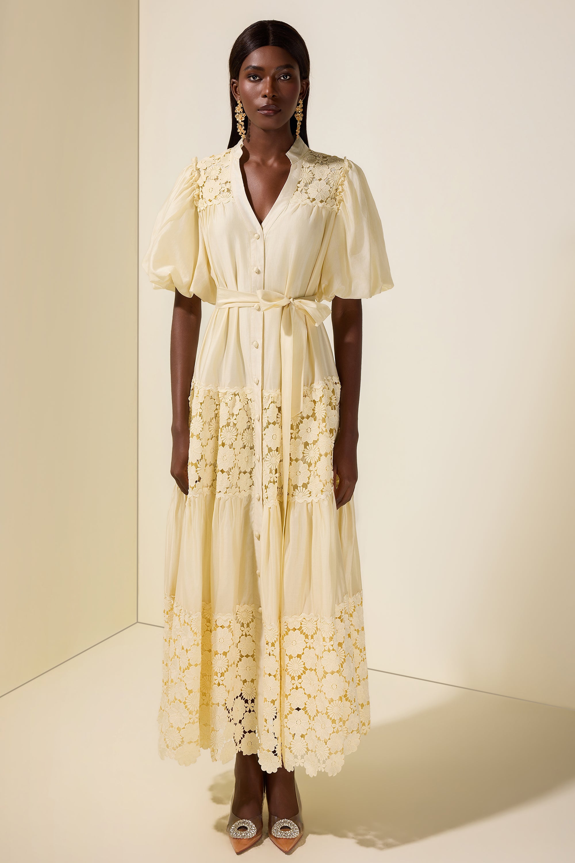 Lace Splicing Puff Sleeve Midi Dress