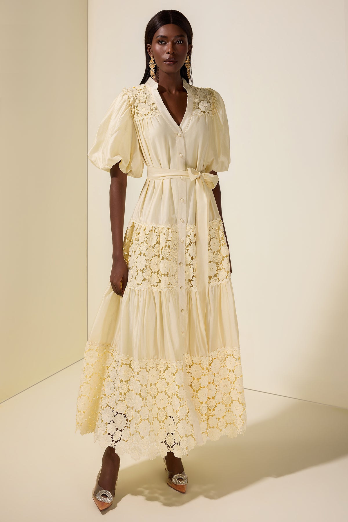 Lace Splicing Puff Sleeve Midi Dress