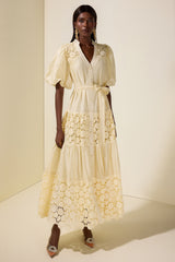 Lace Splicing Puff Sleeve Midi Dress