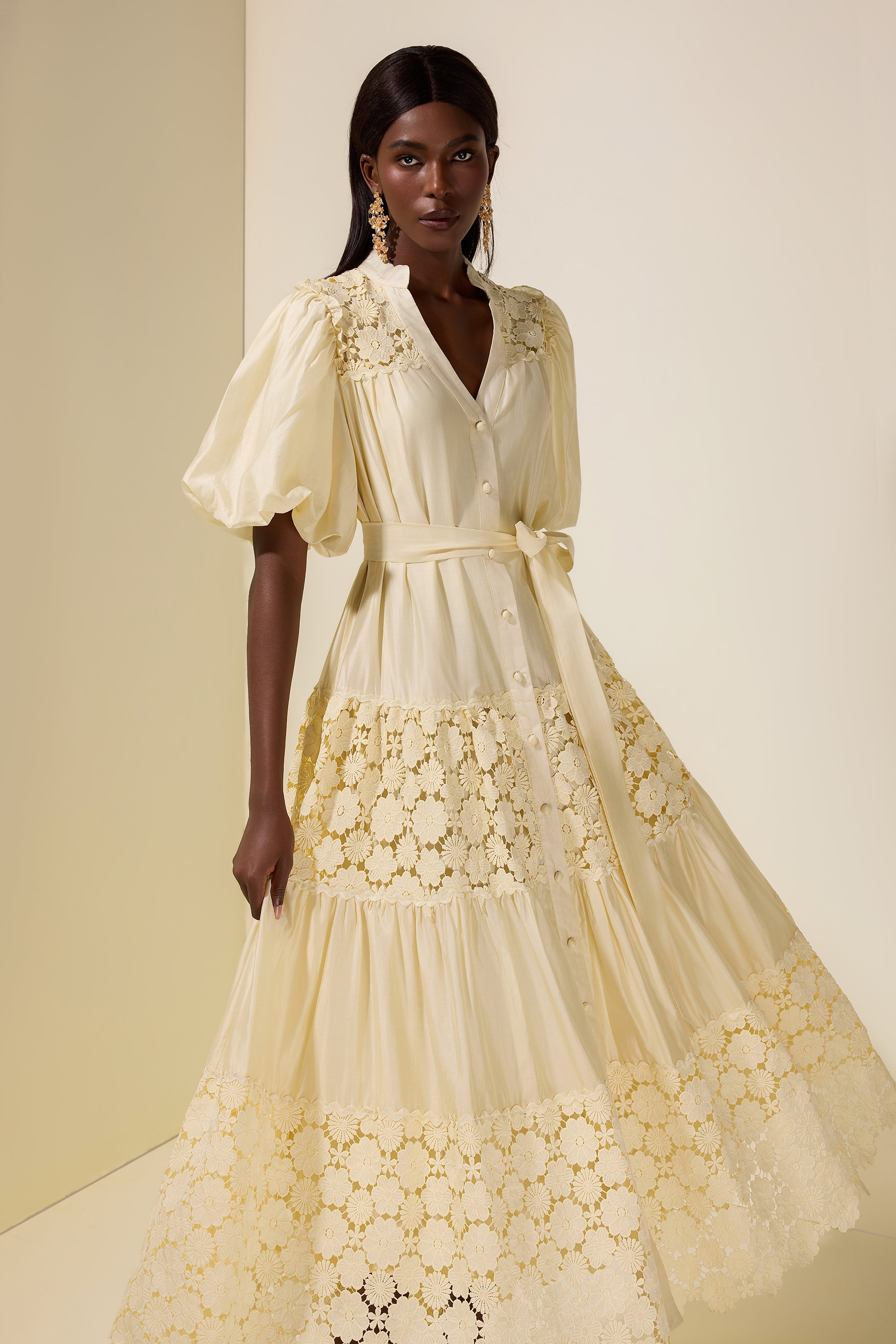 Lace Splicing Puff Sleeve Midi Dress