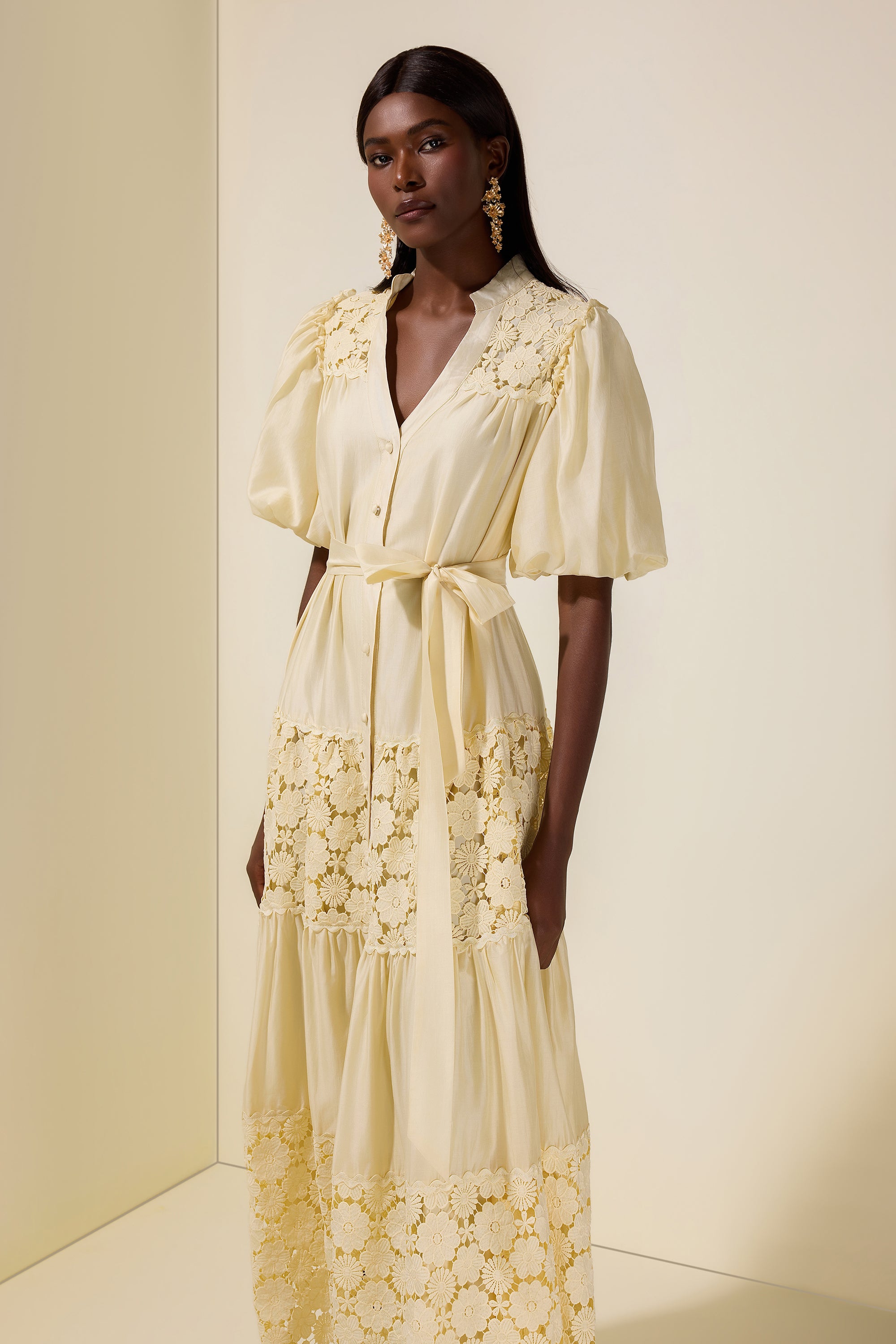 Lace Splicing Puff Sleeve Midi Dress