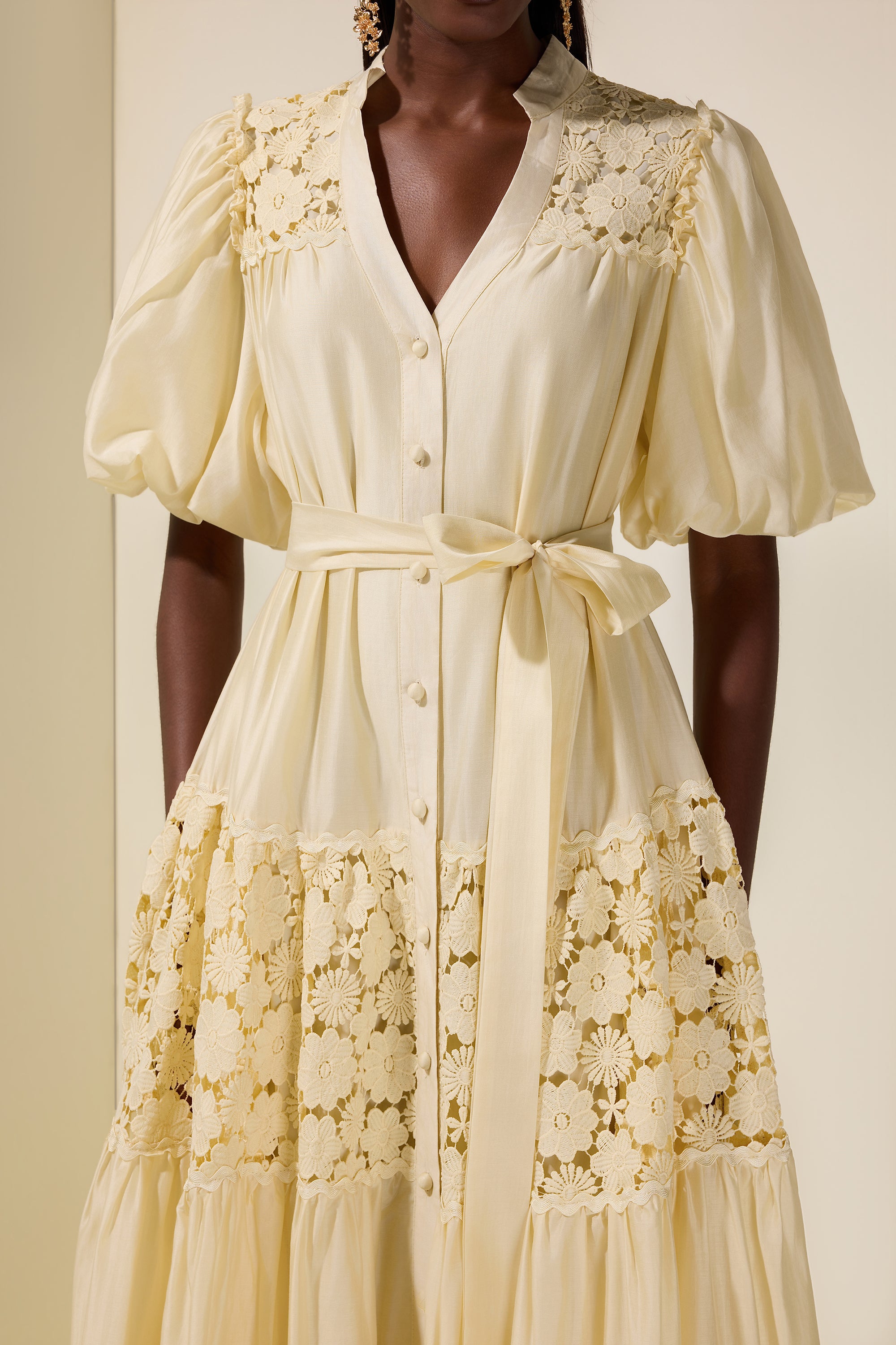 Lace Splicing Puff Sleeve Midi Dress