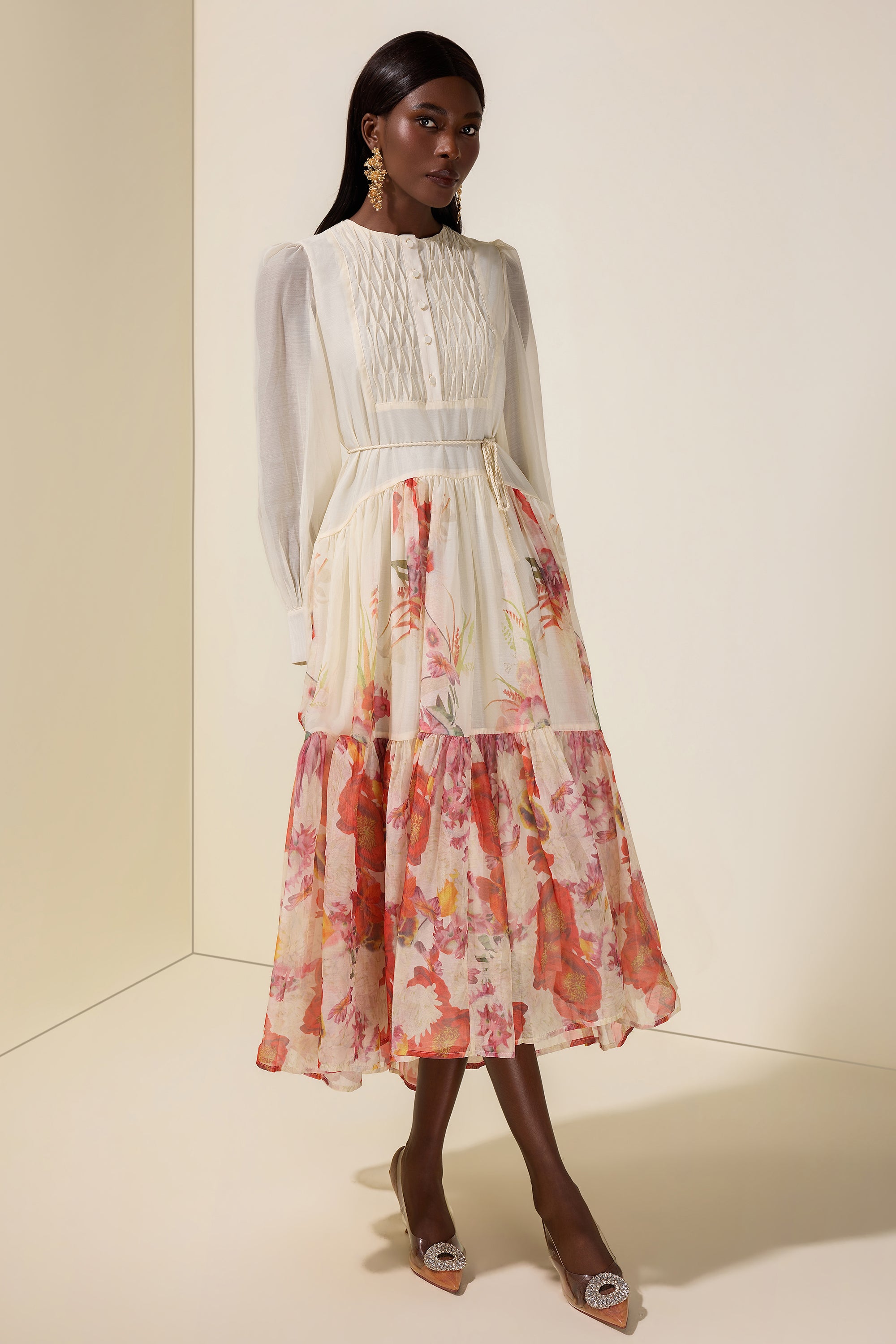 Floral Single Breasted Long Sleeve Midi Dress