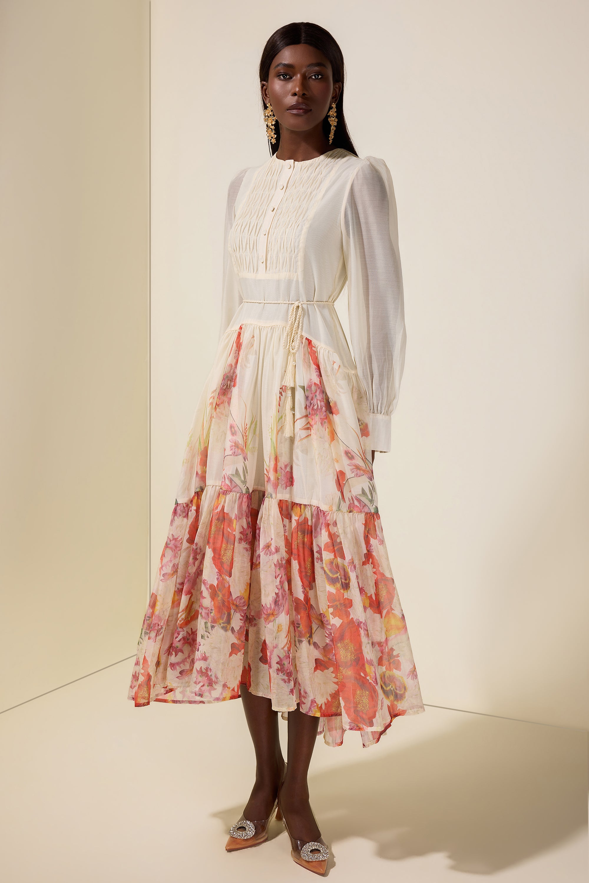 Floral Single Breasted Long Sleeve Midi Dress