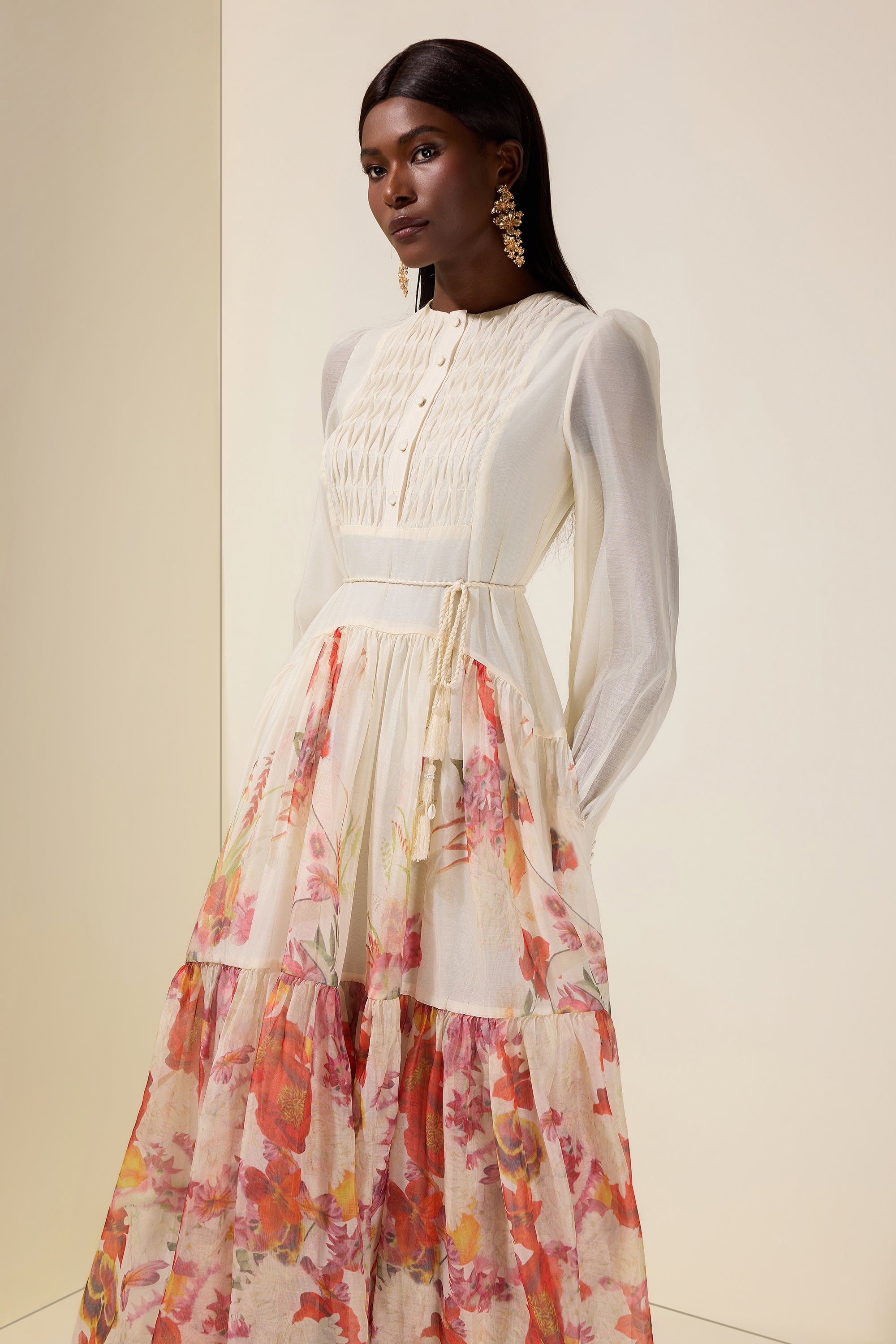 Floral Single Breasted Long Sleeve Midi Dress