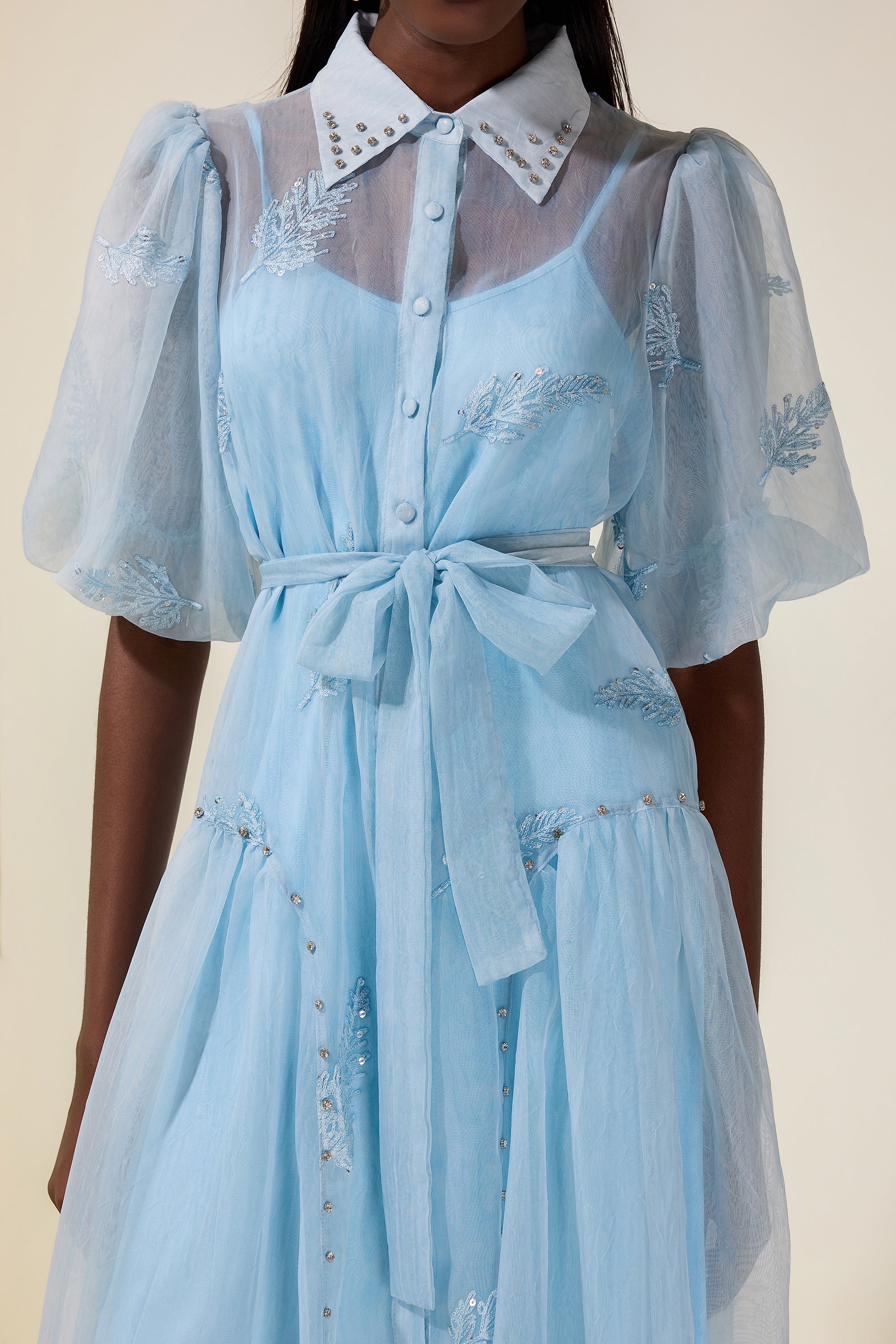 Embroidered Rhinestone Rivets Midi Dress