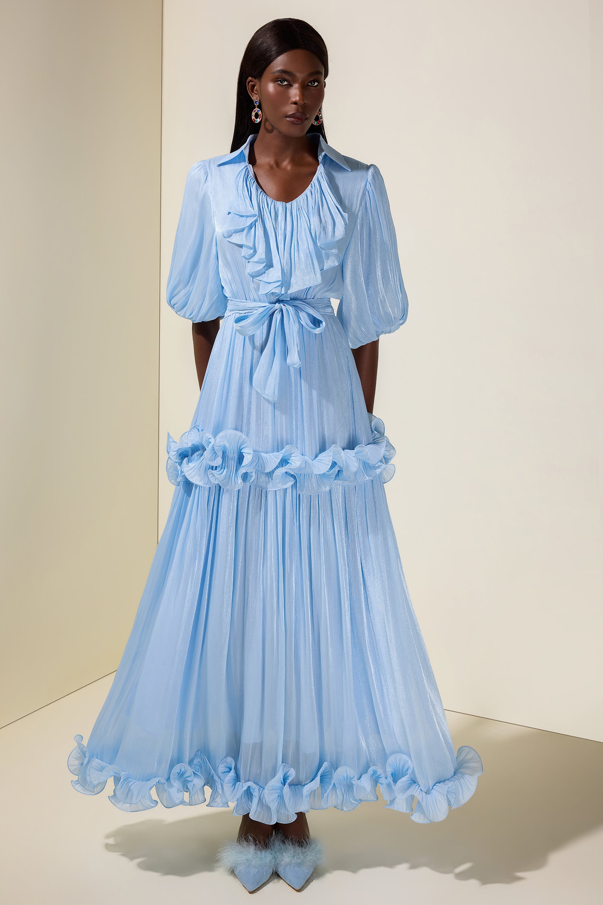 Frill Gathering Puff Sleeve Maxi Dress