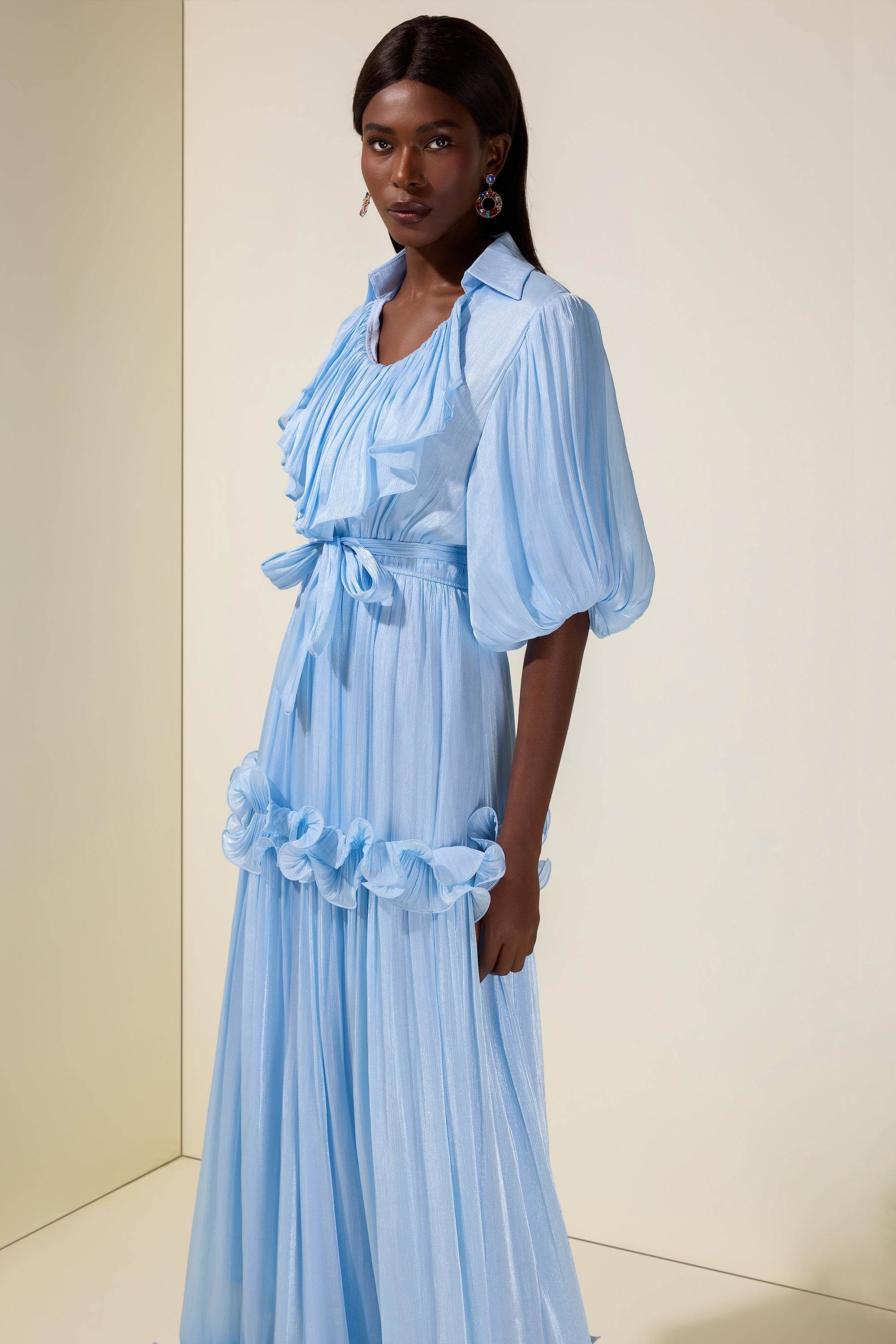 Frill Gathering Puff Sleeve Maxi Dress