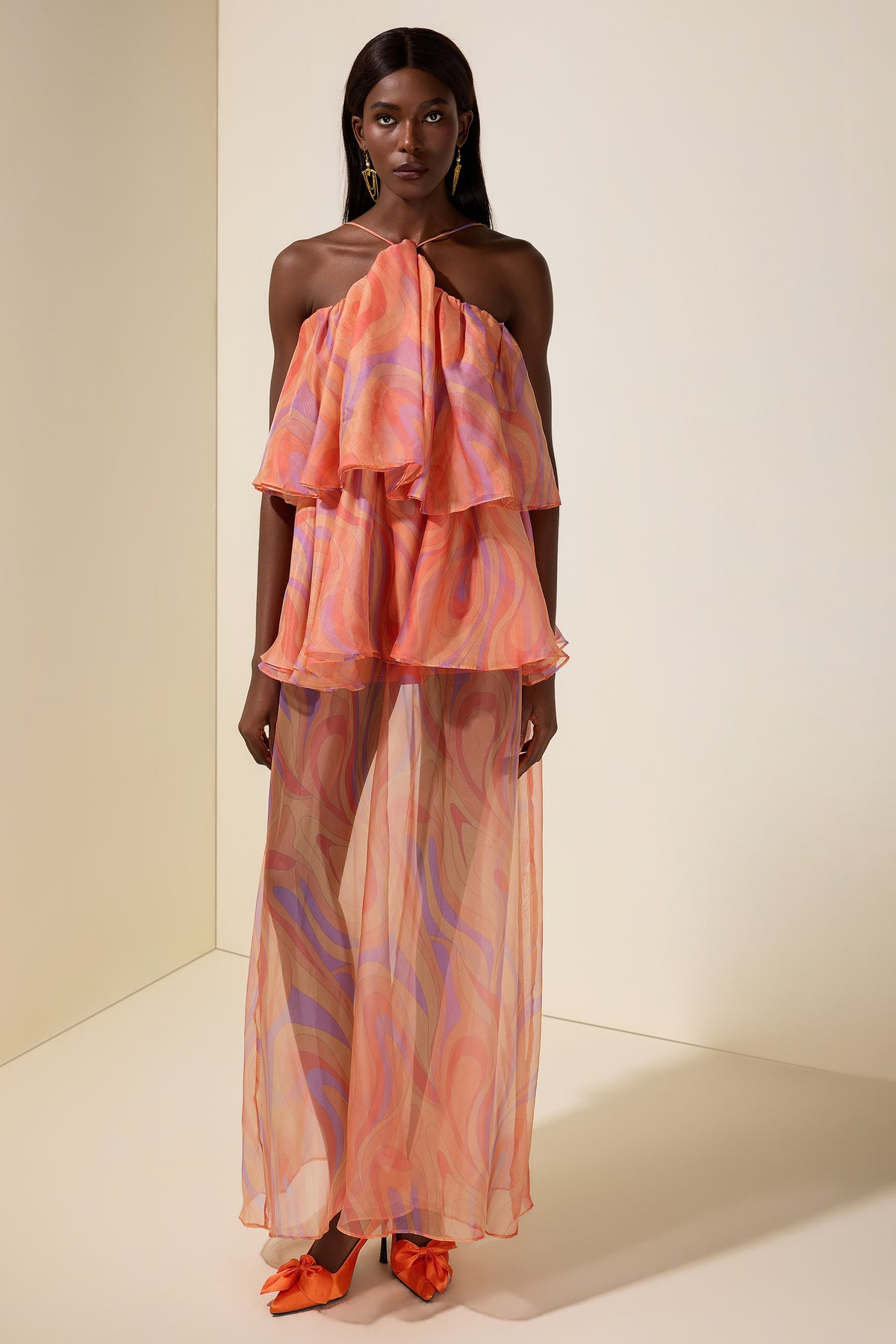Abstract Print Halter Neck Ruffle Maxi Dress