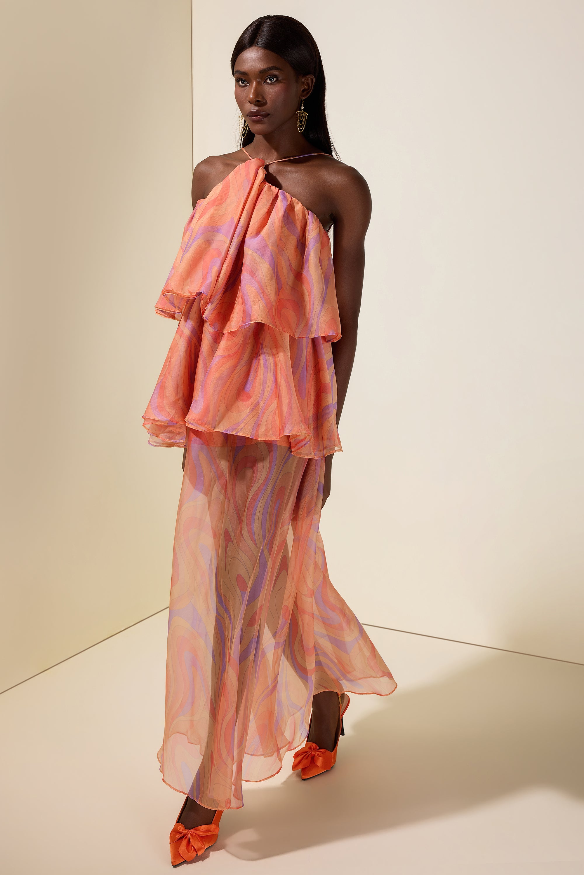 Abstract Print Halter Neck Ruffle Maxi Dress