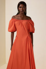 Gathering Pocket Off Shoulder Midi Dress